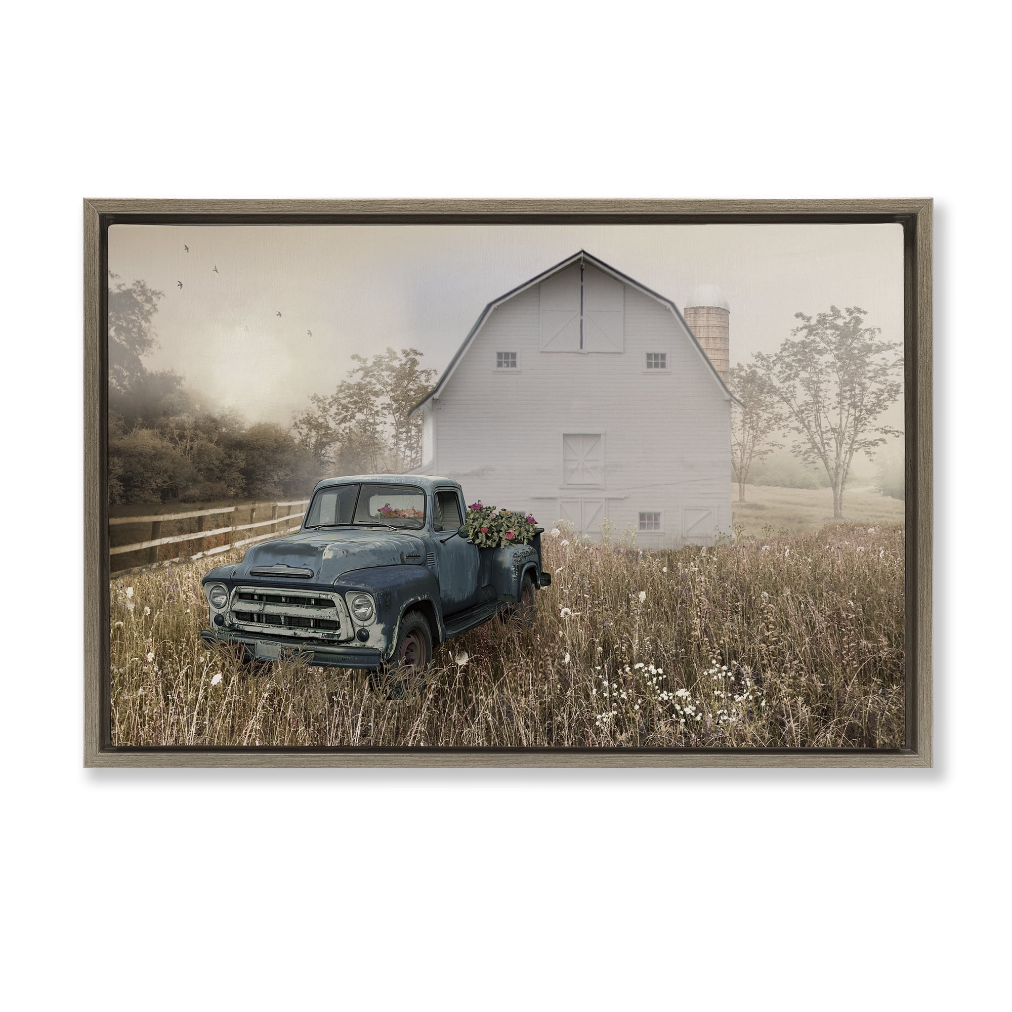 Stupell Industries Vintage Pickup in Wildflowers Brown Framed Floater Canvas Wall Art, design by Nan