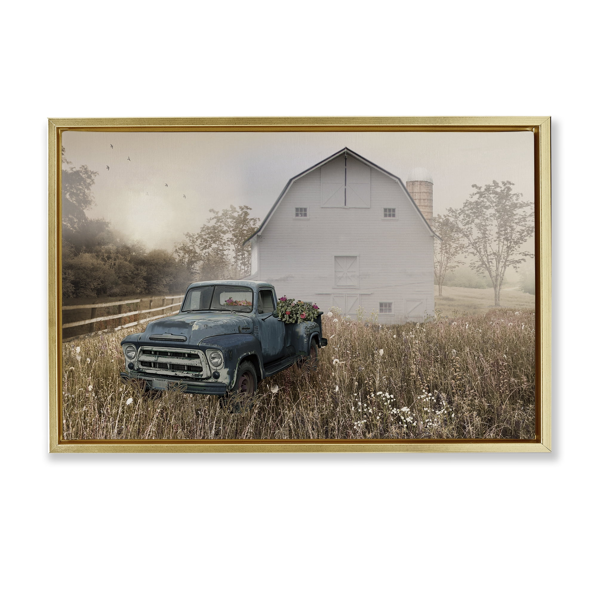 Stupell Industries Vintage Pickup in Wildflowers Gold Framed Floater Canvas Wall Art, design by Nan