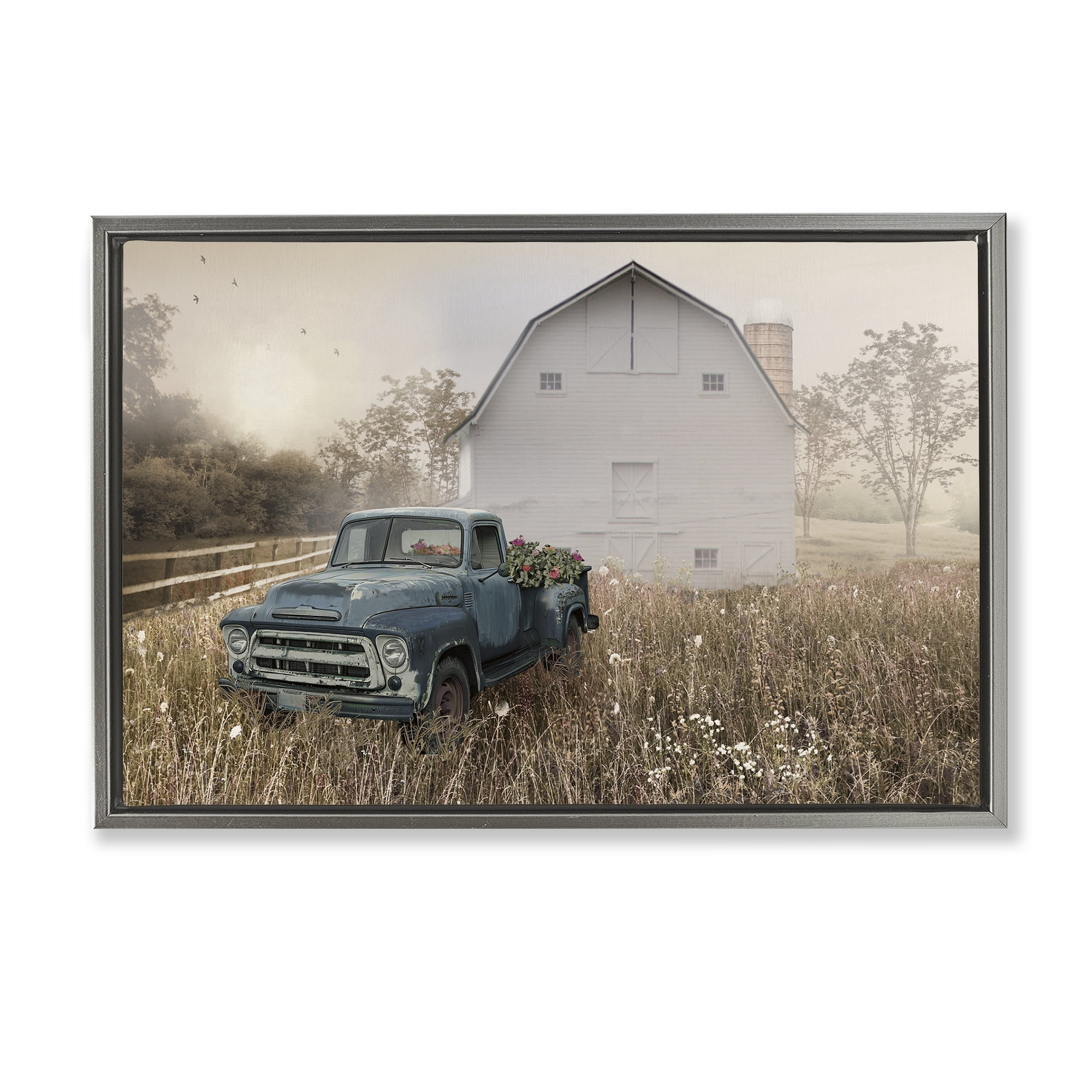 Stupell Industries Vintage Pickup in Wildflowers Gray Framed Floater Canvas Wall Art, design by Nan