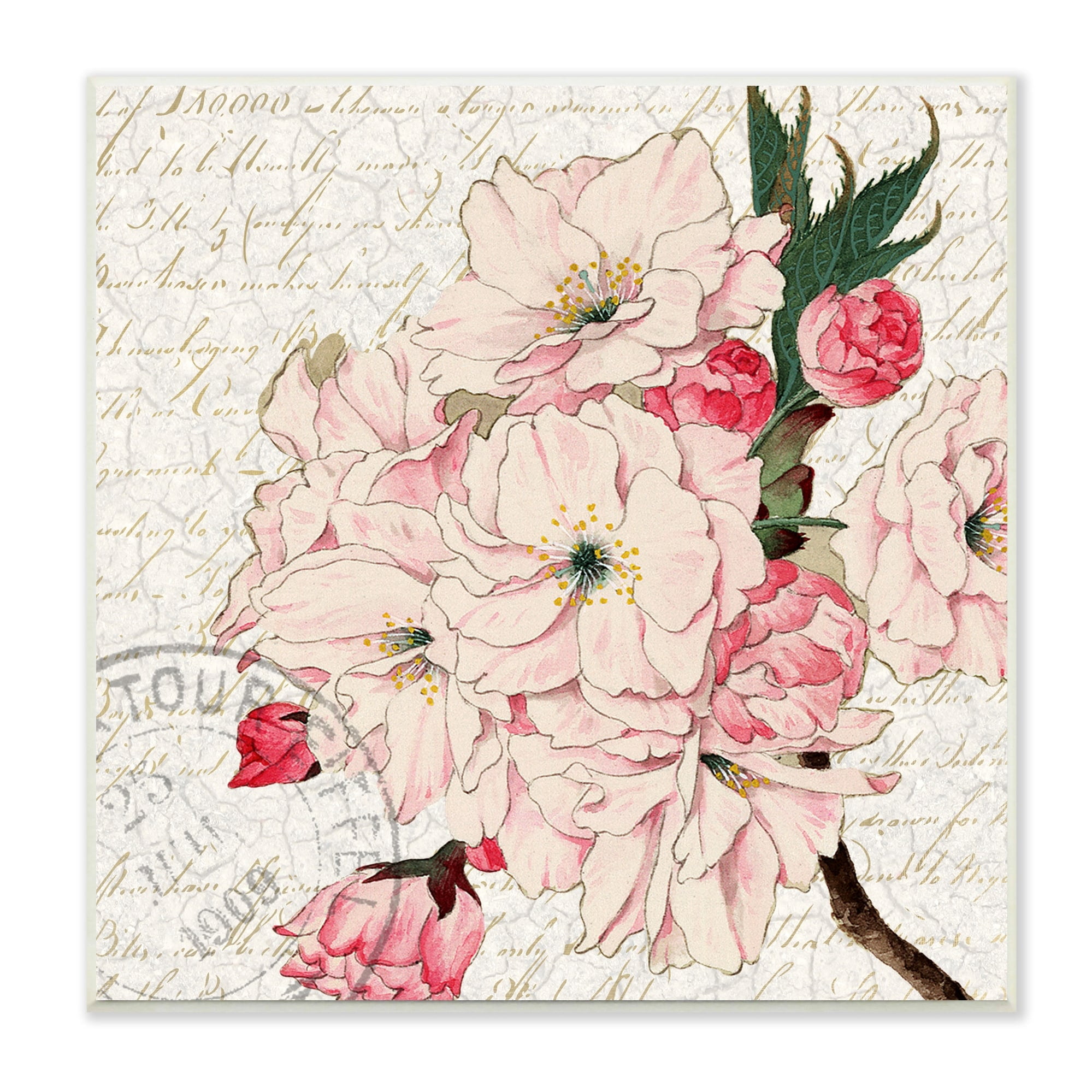 Stupell Industries Vintage Pink Floral Arrangement Ornate Script Stamp Graphic Art Unframed Art Print Wall Art, Design by Kim Allen