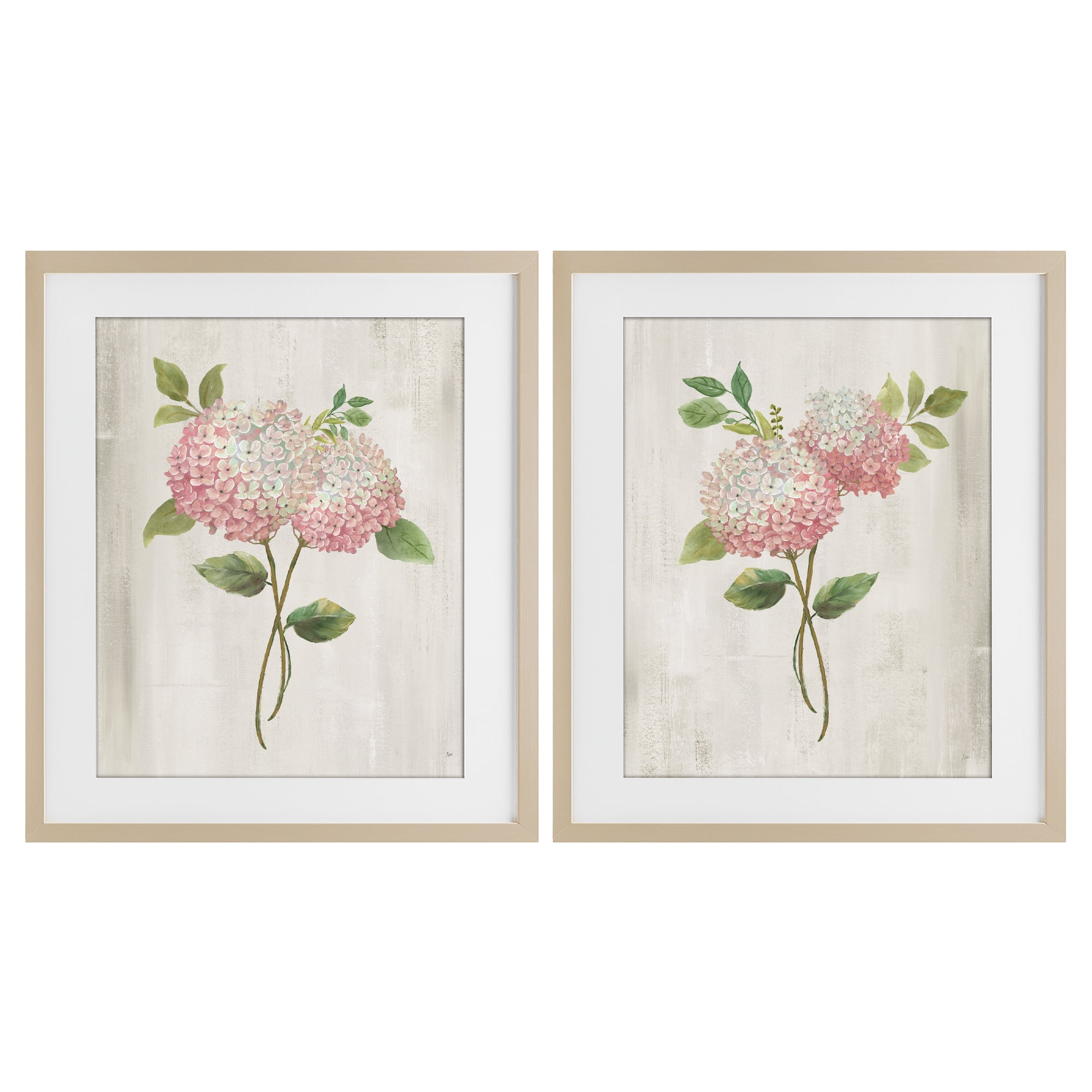 Stupell Industries Vintage Pink Hydrangea Pairs 2 Piece Birch Framed Print Under Glass Set, design by Nan