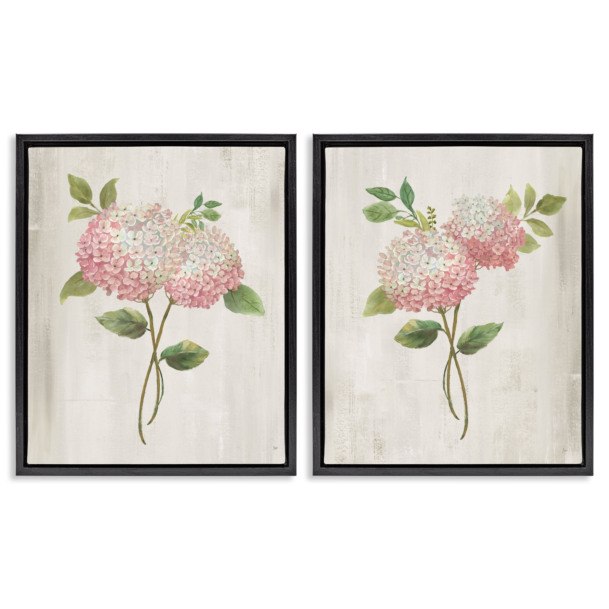 Stupell Industries Vintage Pink Hydrangea Pairs 2 Piece Black Framed Floater Canvas Set, design by Nan