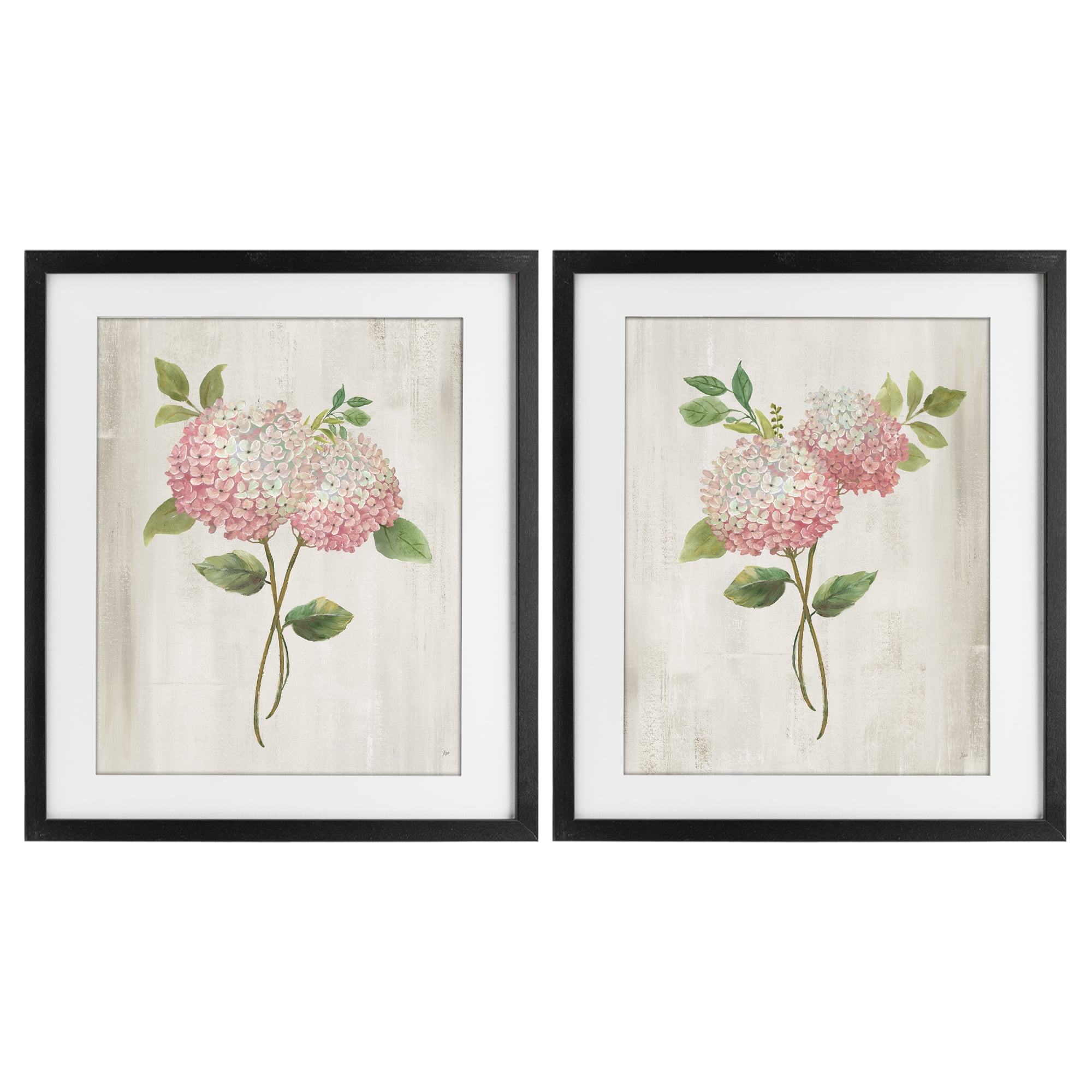 Stupell Industries Vintage Pink Hydrangea Pairs 2 Piece Black Framed Print Under Glass Set, design by Nan