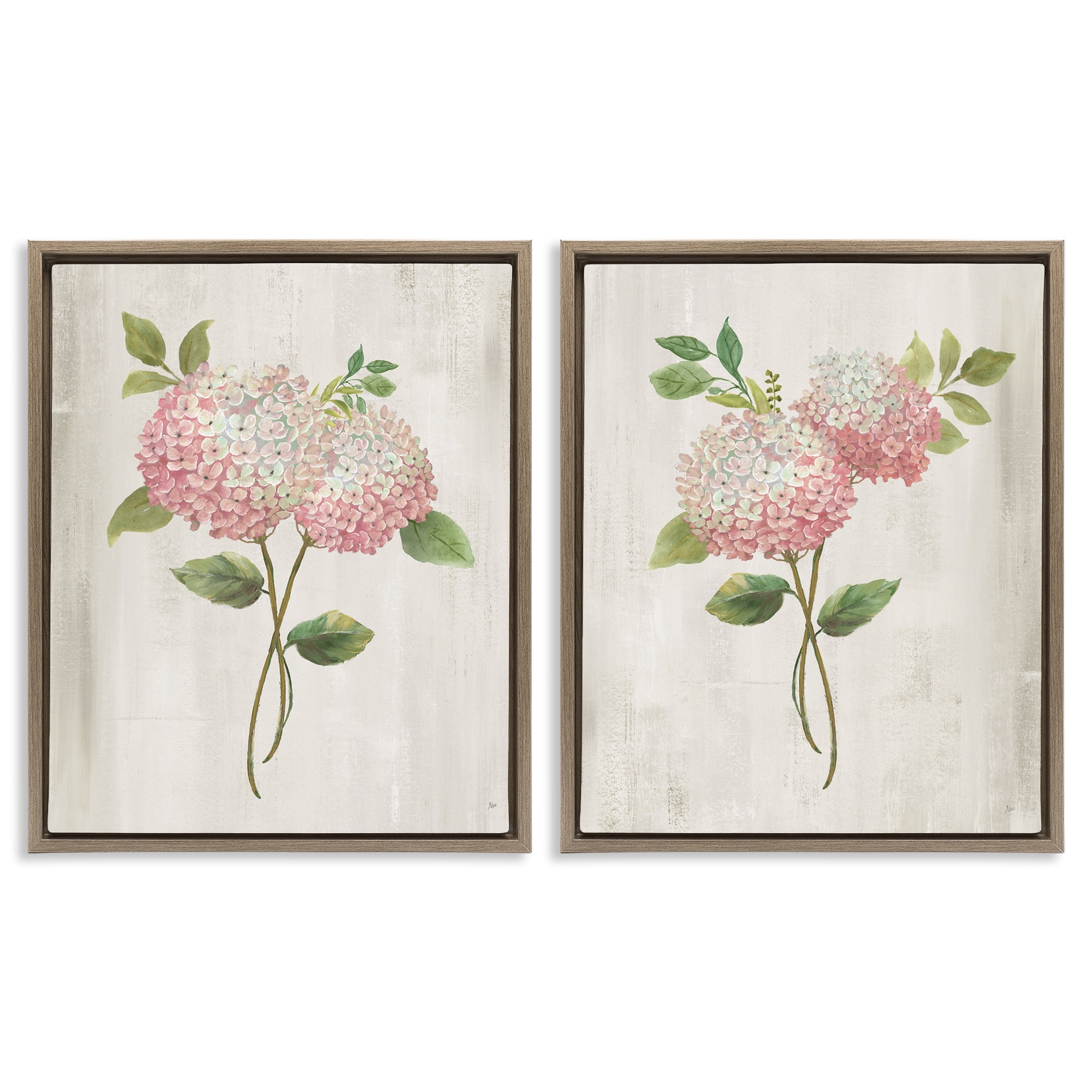 Stupell Industries Vintage Pink Hydrangea Pairs 2 Piece Brown Framed Floater Canvas Set, design by Nan