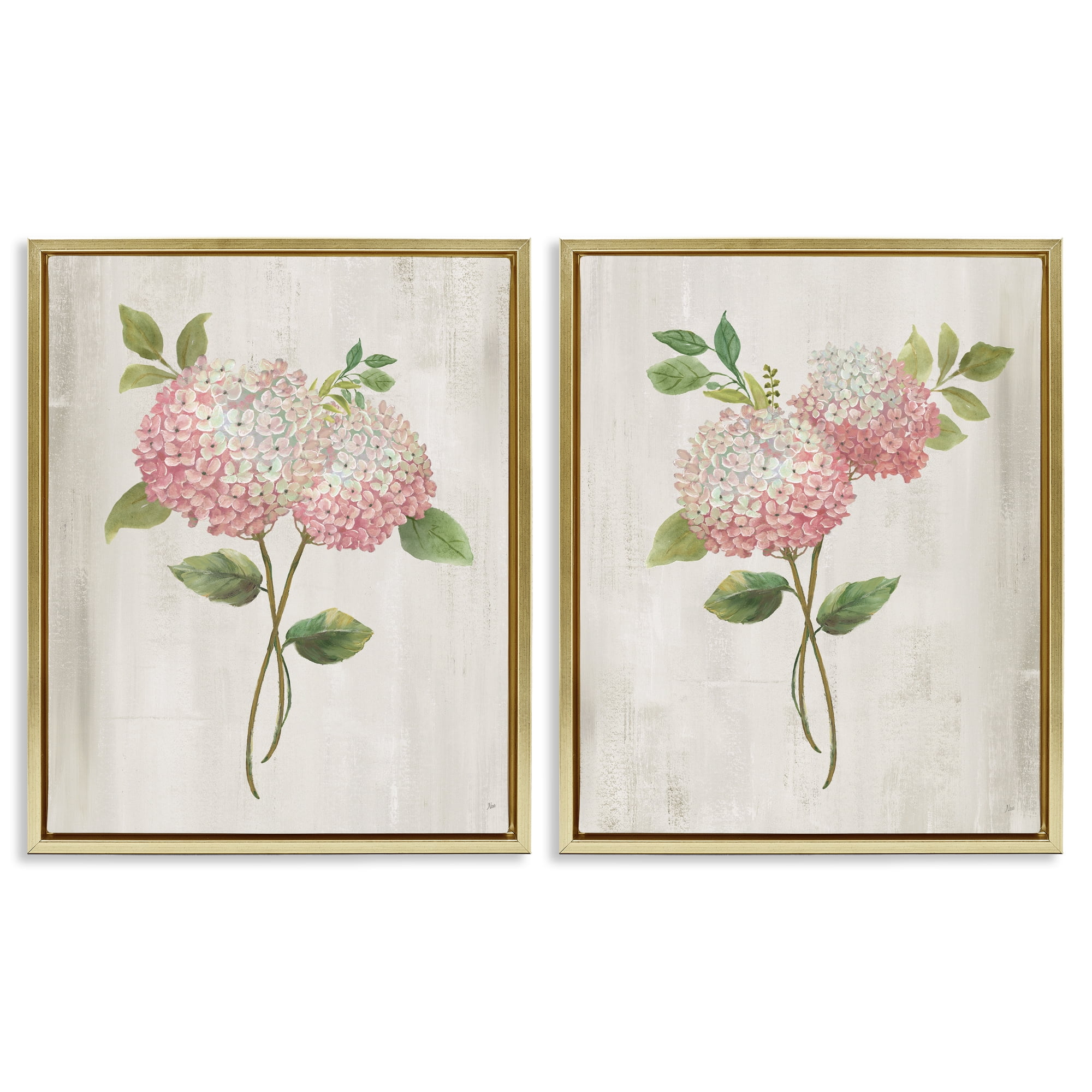Stupell Industries Vintage Pink Hydrangea Pairs 2 Piece Gold Framed Floater Canvas Set, design by Nan