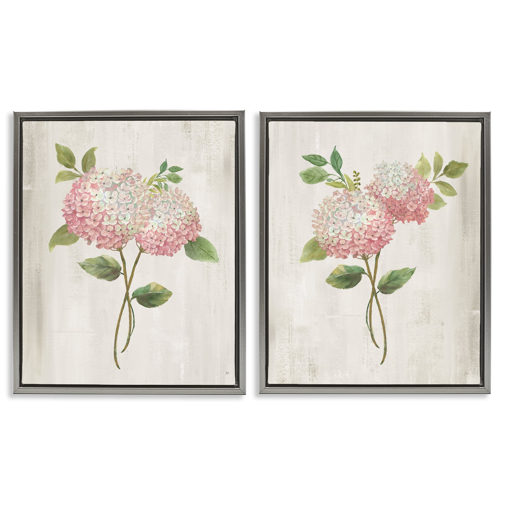 Stupell Industries Vintage Pink Hydrangea Pairs 2 Piece Gray Framed Floater Canvas Set, design by Nan