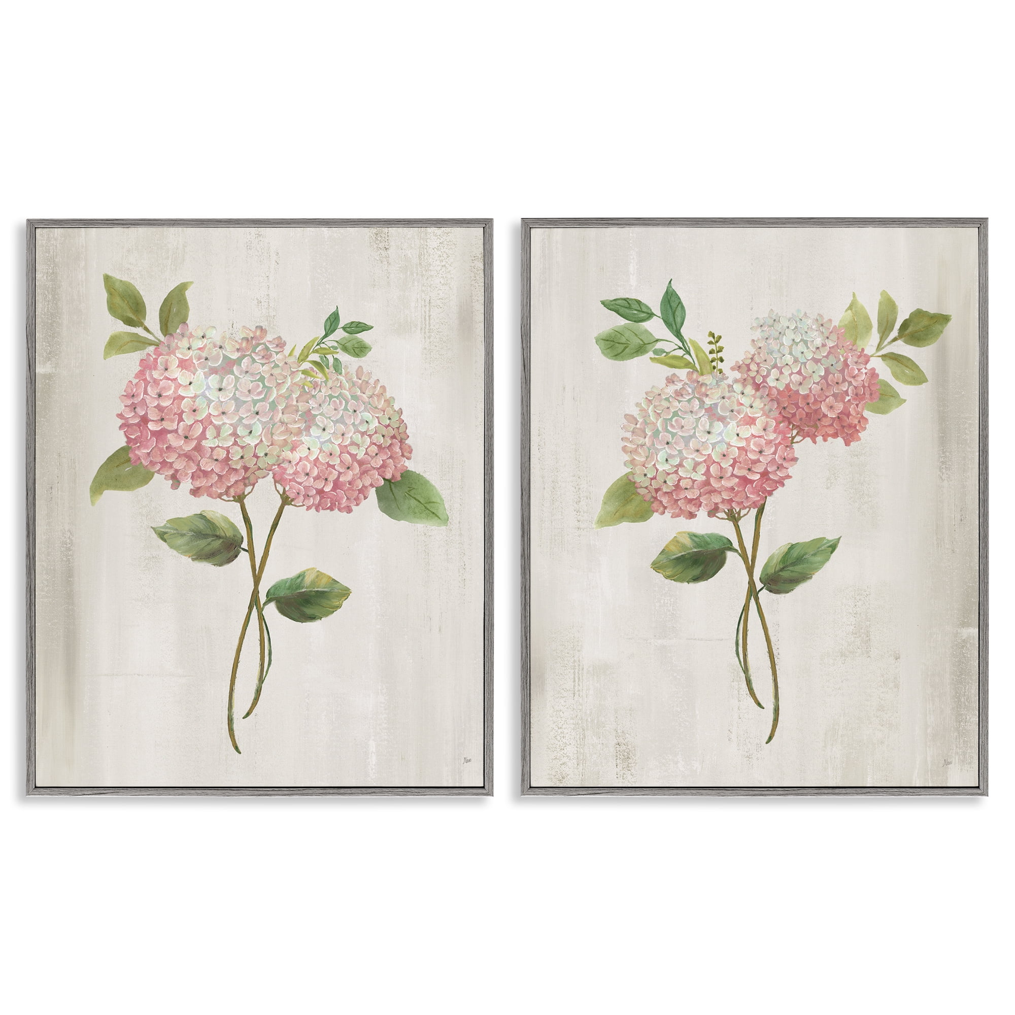 Stupell Industries Vintage Pink Hydrangea Pairs 2 Piece Gray Framed Giclee Art Set, design by Nan