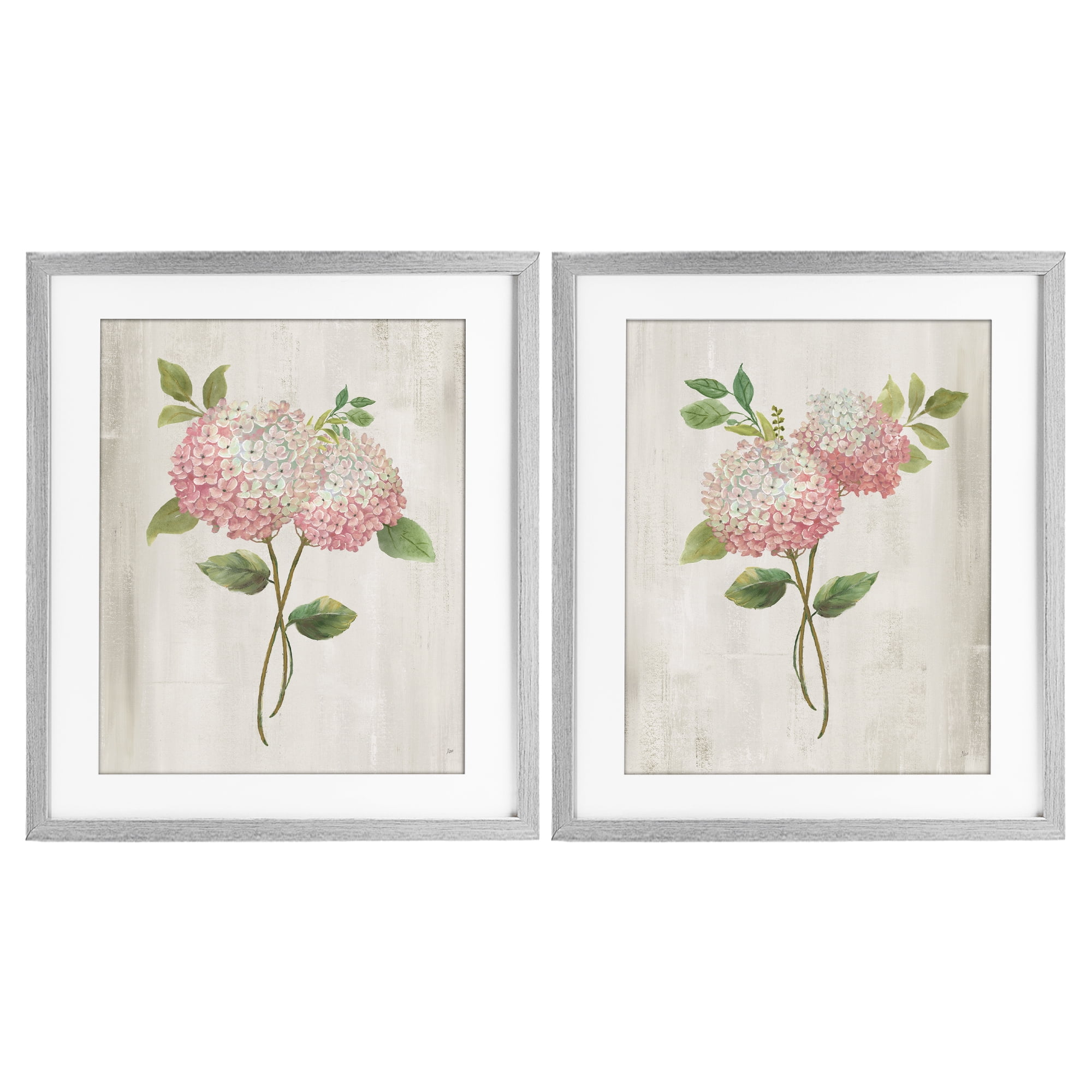 Stupell Industries Vintage Pink Hydrangea Pairs 2 Piece Gray Framed Print Under Glass Set, design by Nan