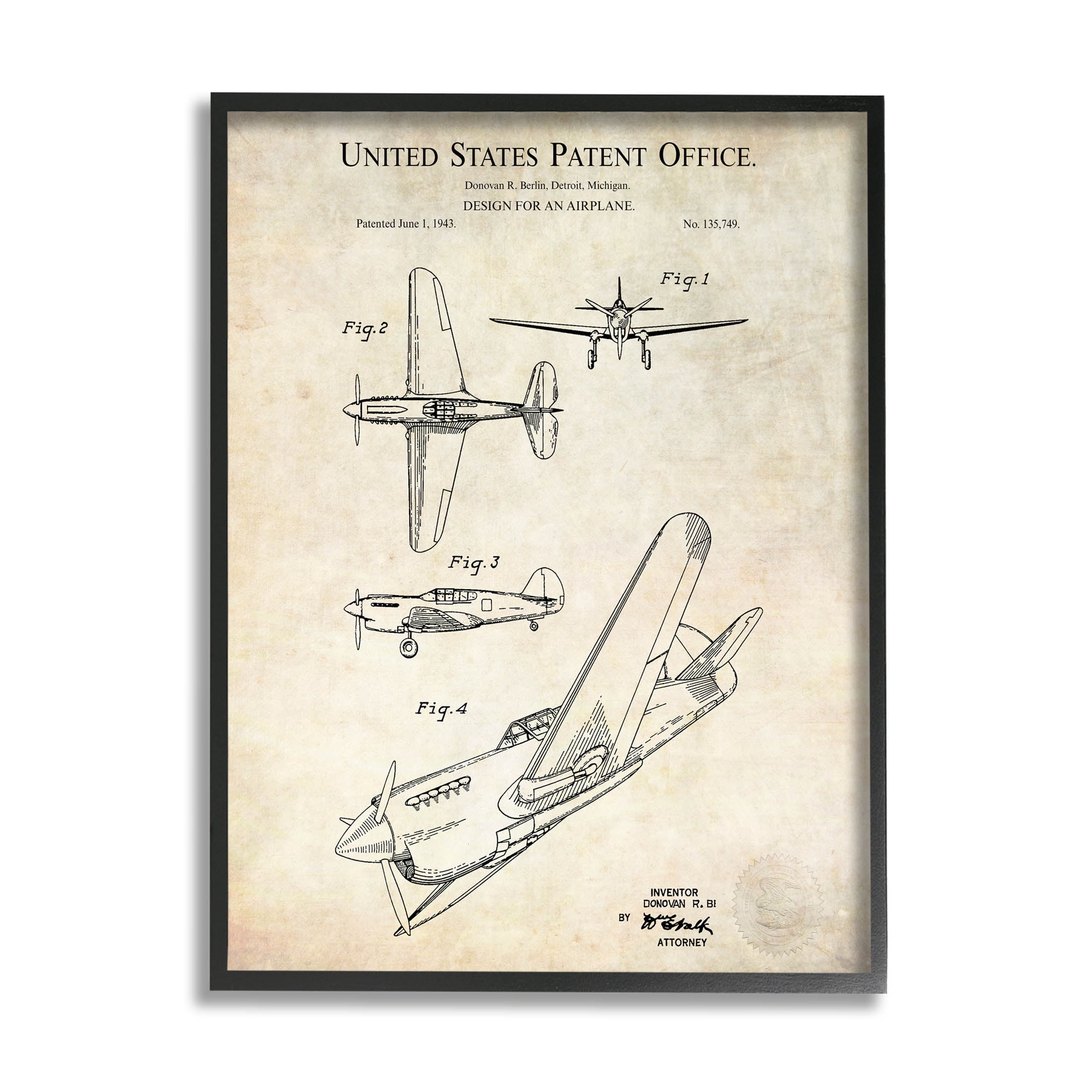 Stupell Industries Vintage Plane Flight Diagram Graphic Art Black Framed Art Print Wall Art, Design by Karl Hronek