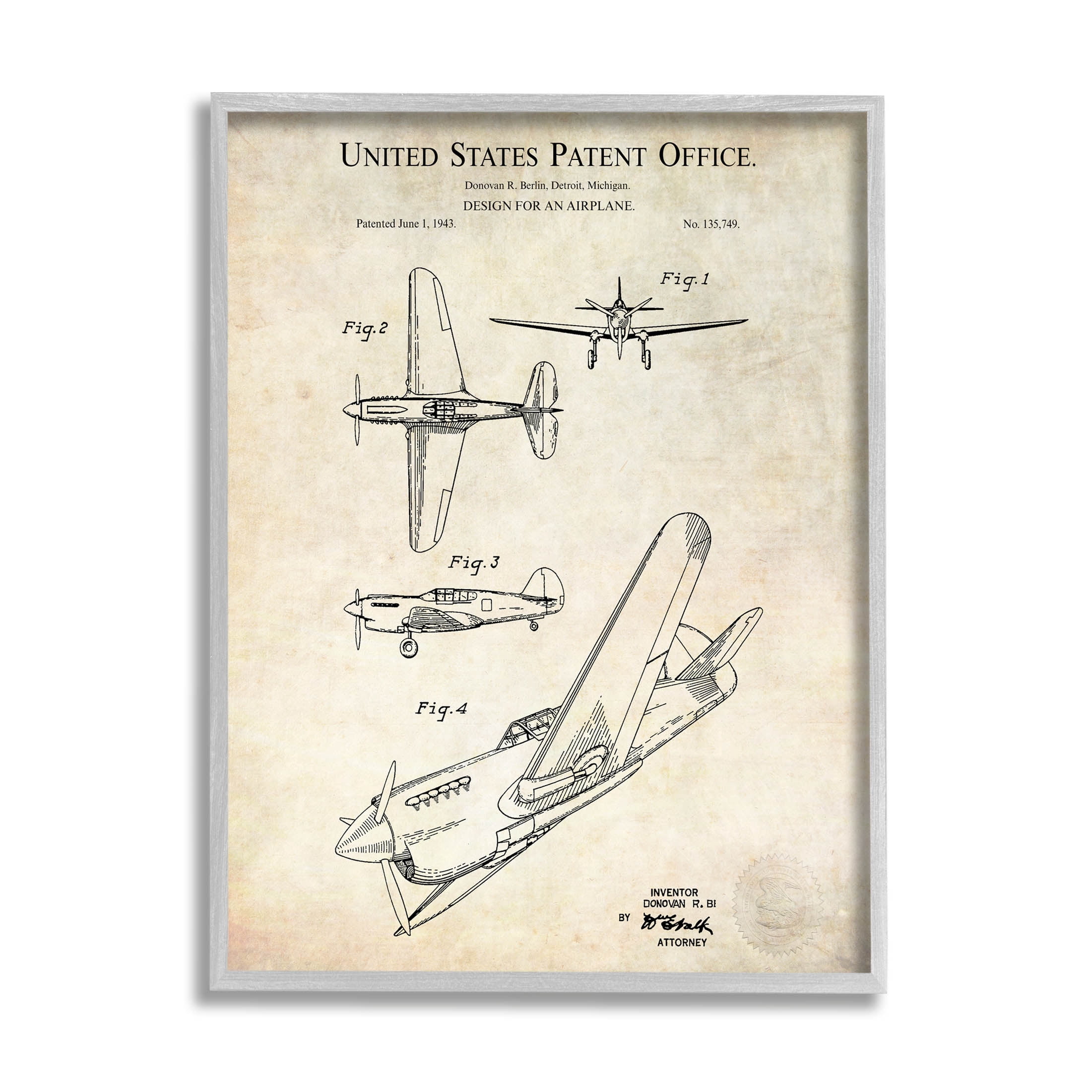 Stupell Industries Vintage Plane Flight Diagram Graphic Art Gray Framed Art Print Wall Art, Design by Karl Hronek