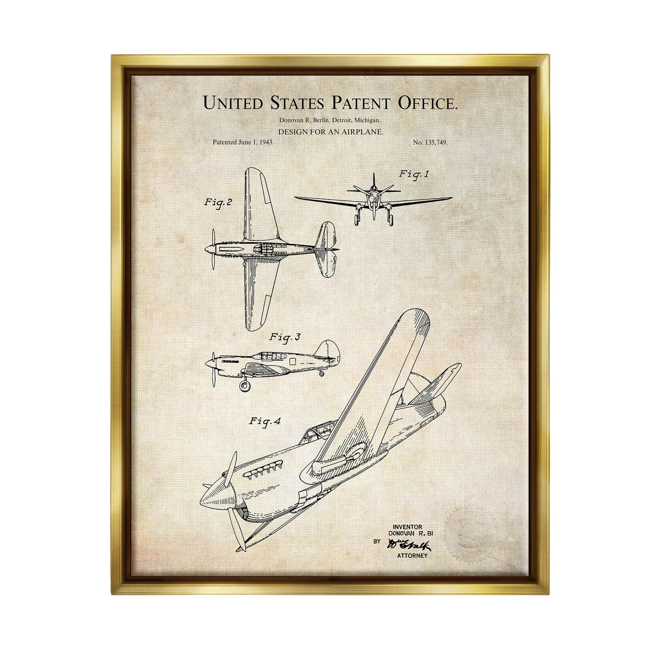 Stupell Industries Vintage Plane Flight Diagram Graphic Art Metallic Gold Floating Framed Canvas Print Wall Art, Design by Karl Hronek
