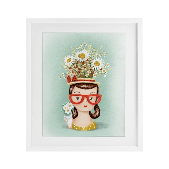 Stupell Industries Vintage Planter Girl with Daisies White Framed Print Under Glass design by Jilly Jack Designs, 16 x 13
