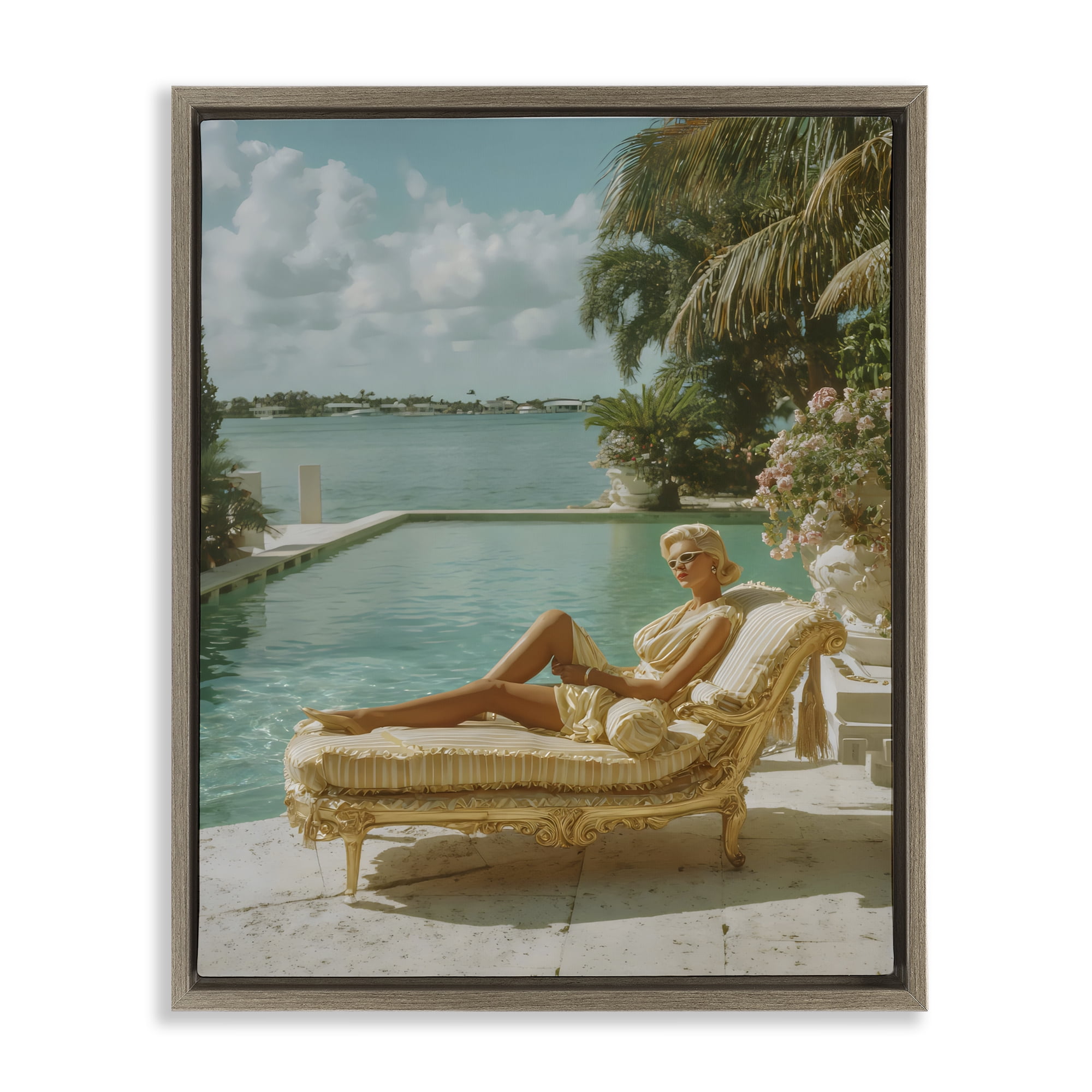 Stupell Industries Vintage Poolside Woman Brown Framed Floater Canvas Wall Art, design by Franklyn Gregory