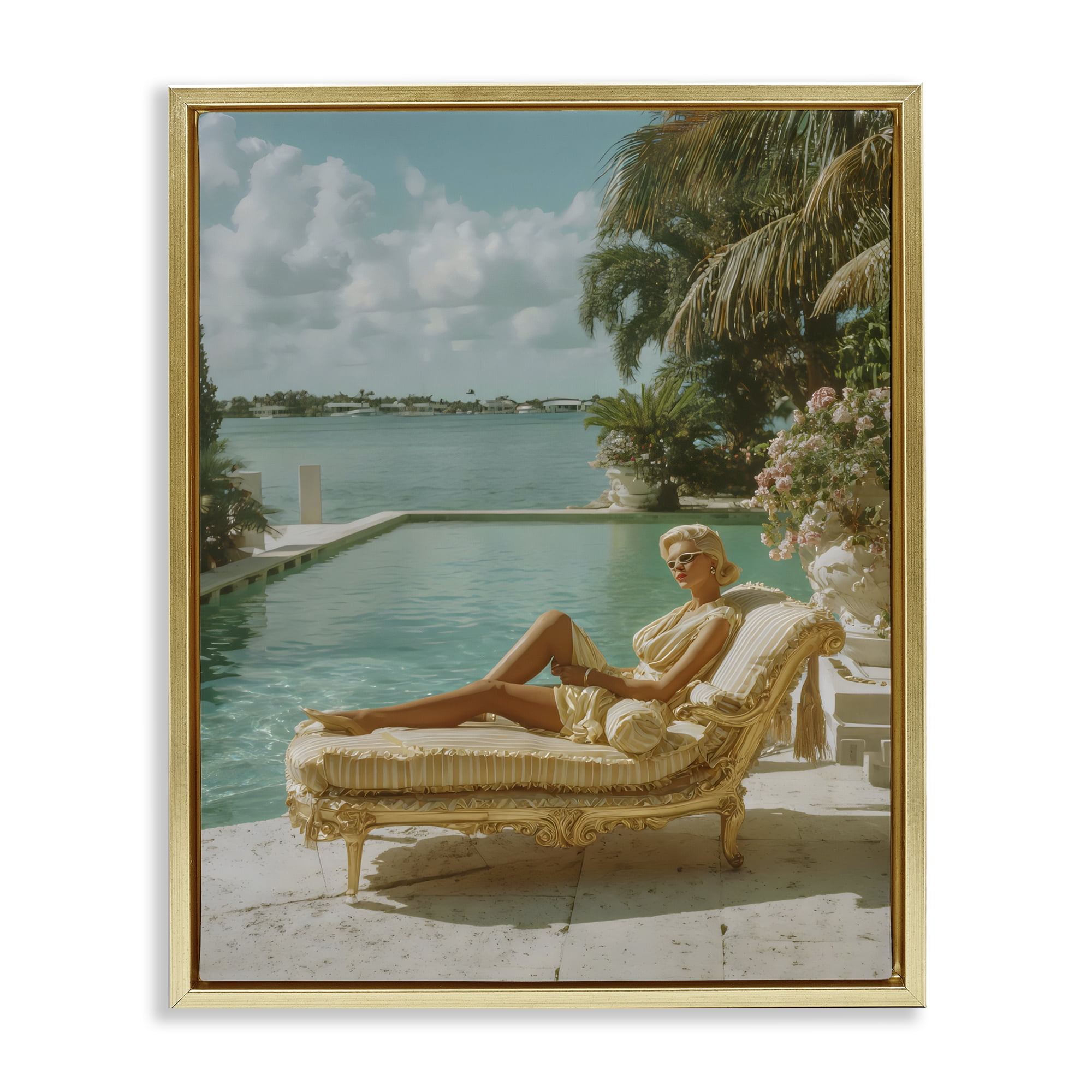 Stupell Industries Vintage Poolside Woman Gold Framed Floater Canvas Wall Art, design by Franklyn Gregory