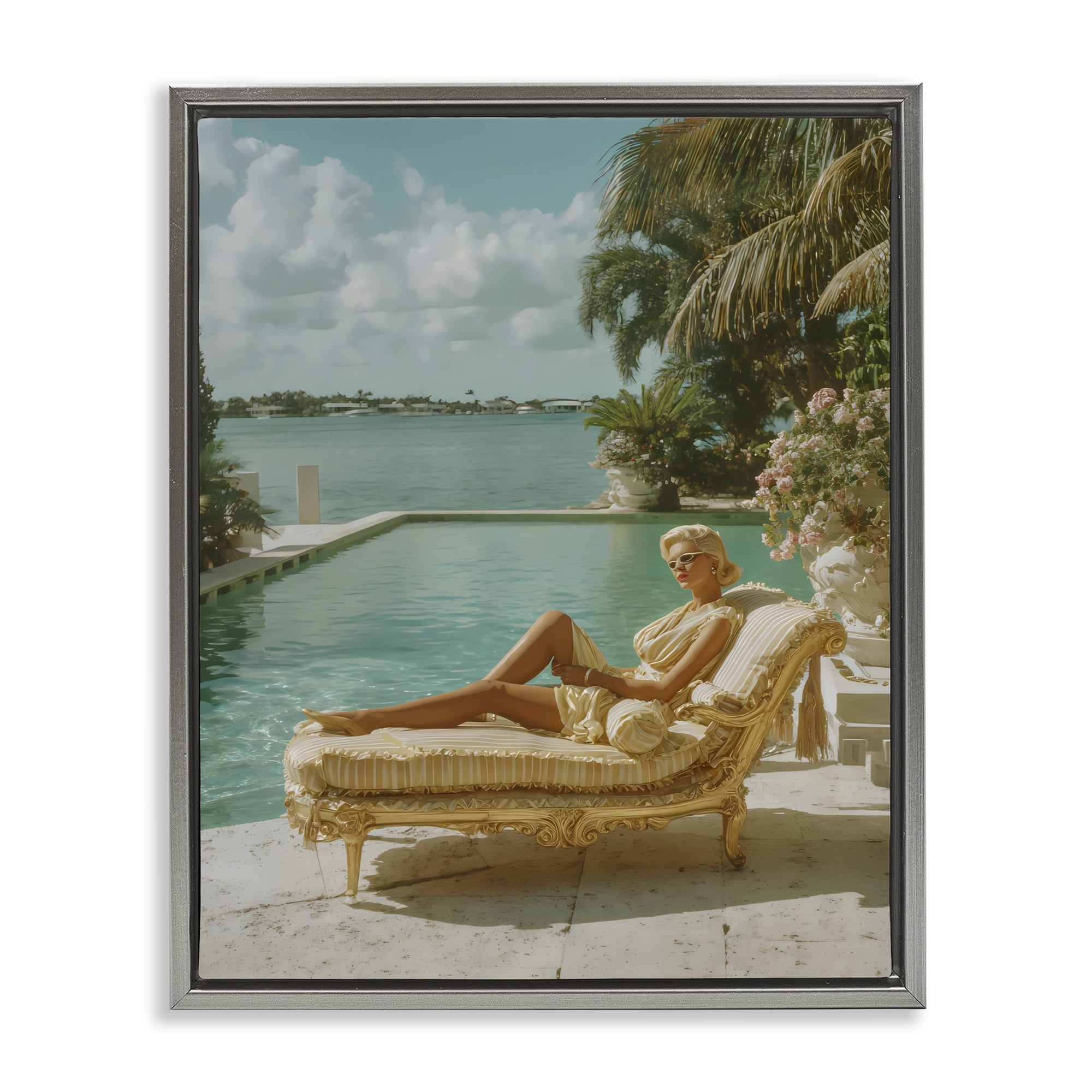 Stupell Industries Vintage Poolside Woman Gray Framed Floater Canvas Wall Art, design by Franklyn Gregory