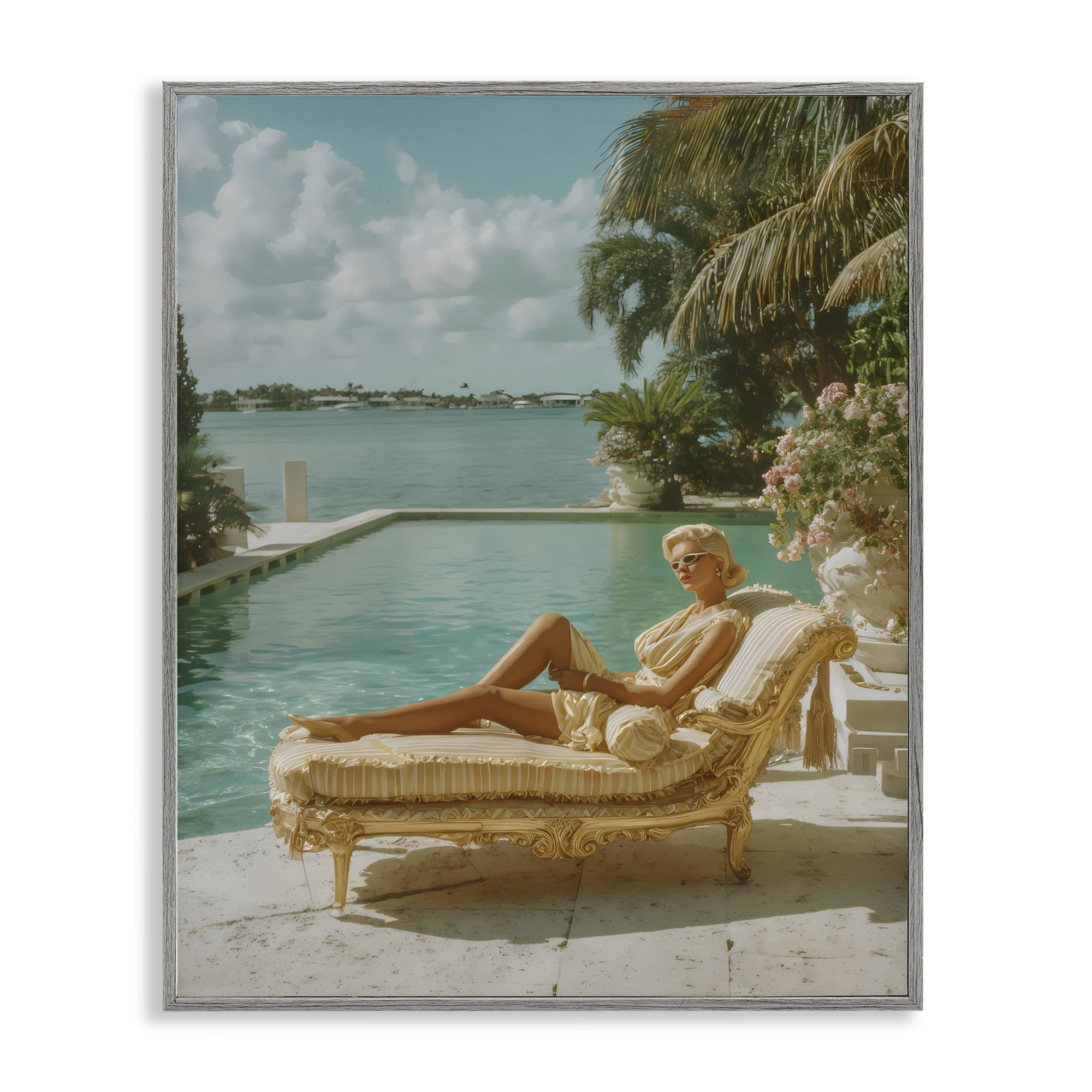 Stupell Industries Vintage Poolside Woman Gray Framed Giclee Art, design by Franklyn Gregory