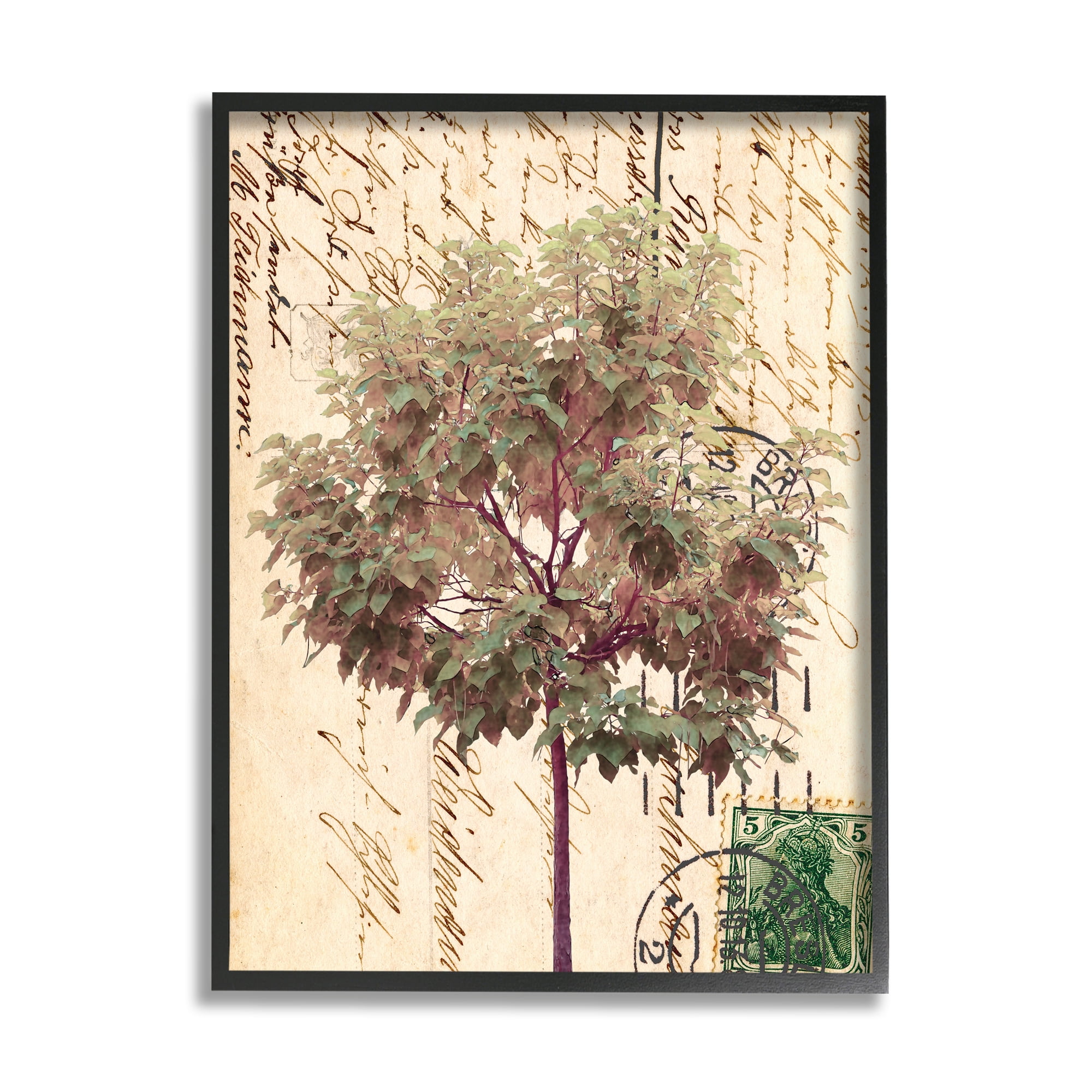Stupell Industries Vintage Postal Script Note Red Root Tree Abstract Painting Black Framed Art Print Wall Art, 11 x 14