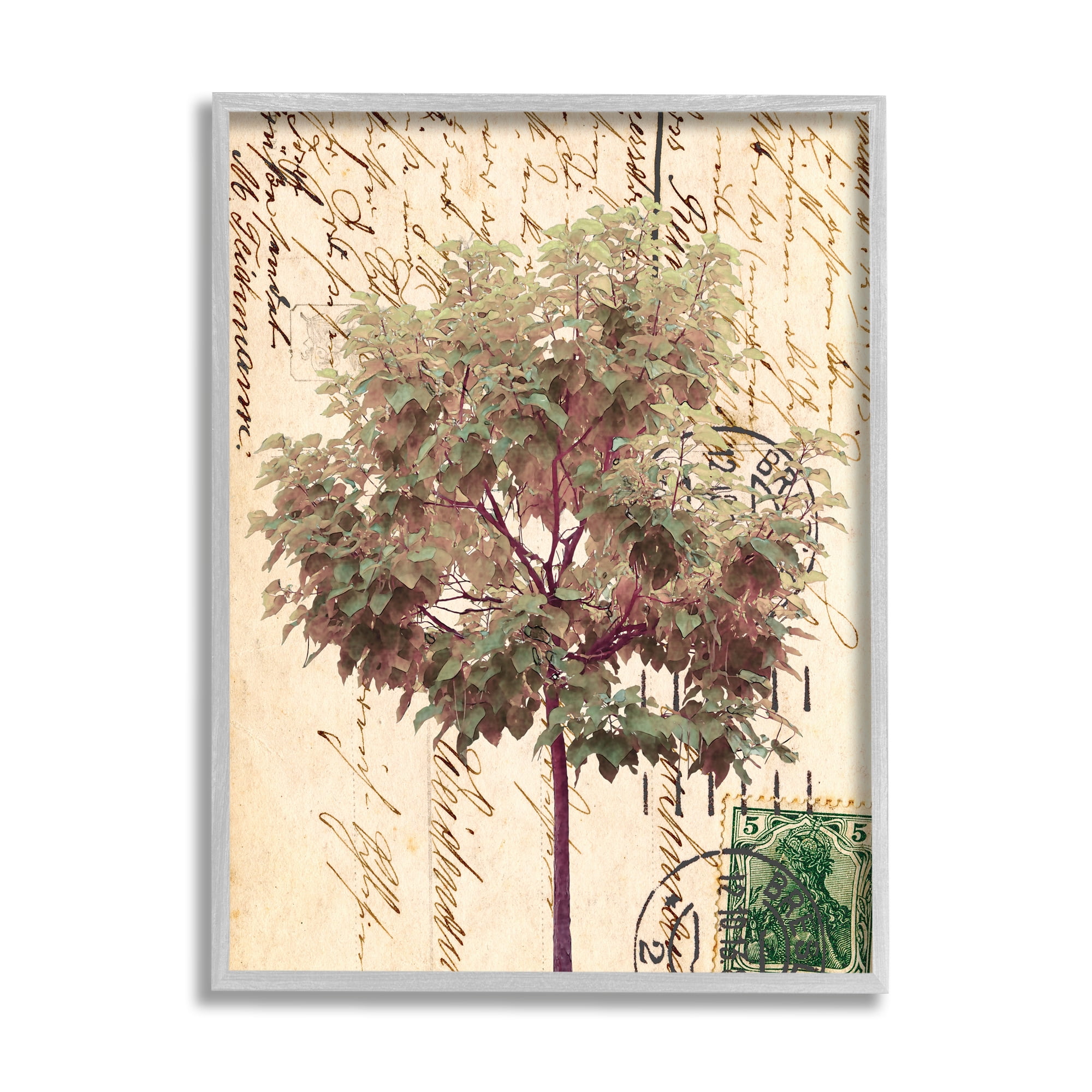 Stupell Industries Vintage Postal Script Note Red Root Tree Abstract Painting Gray Framed Art Print Wall Art, 11 x 14
