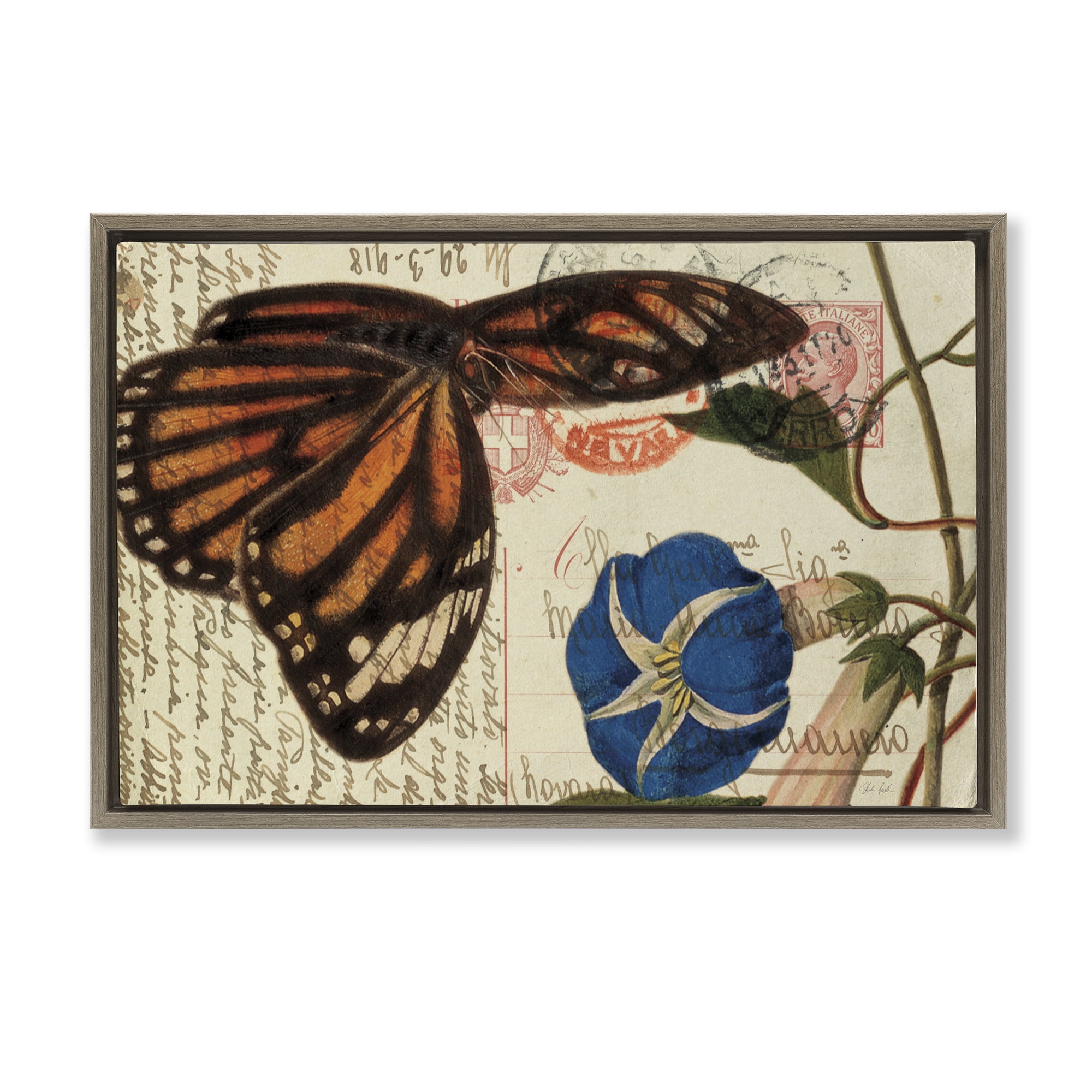 Stupell Industries Vintage Postcard & Fauna Insects Painting Brown Floater Framed Canvas Art Print Wall Art, 31 x 21
