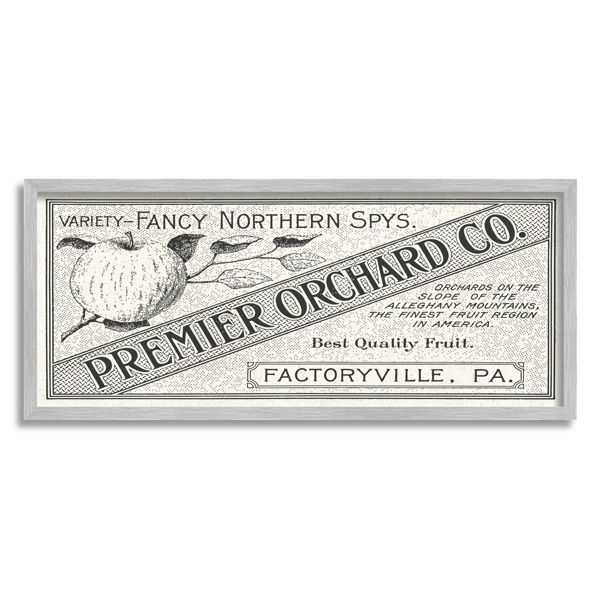 Stupell Industries Vintage Premier Orchard Co. Sign Antique Fruit Graphic Art Gray Framed Art Print Wall Art, 30x13, by Daphne Polselli