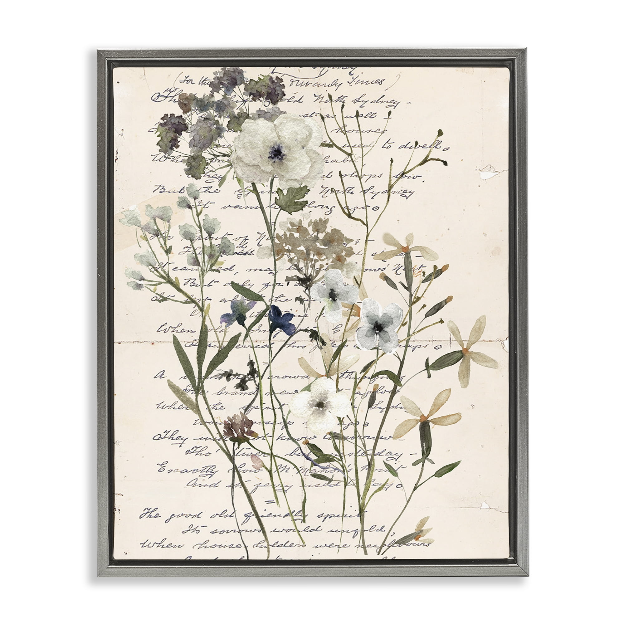 Stupell Industries Vintage Pressed Flowers Plants & Flowers Painting Gray Floater Framed Canvas Art Print Wall Art, 17 x 21
