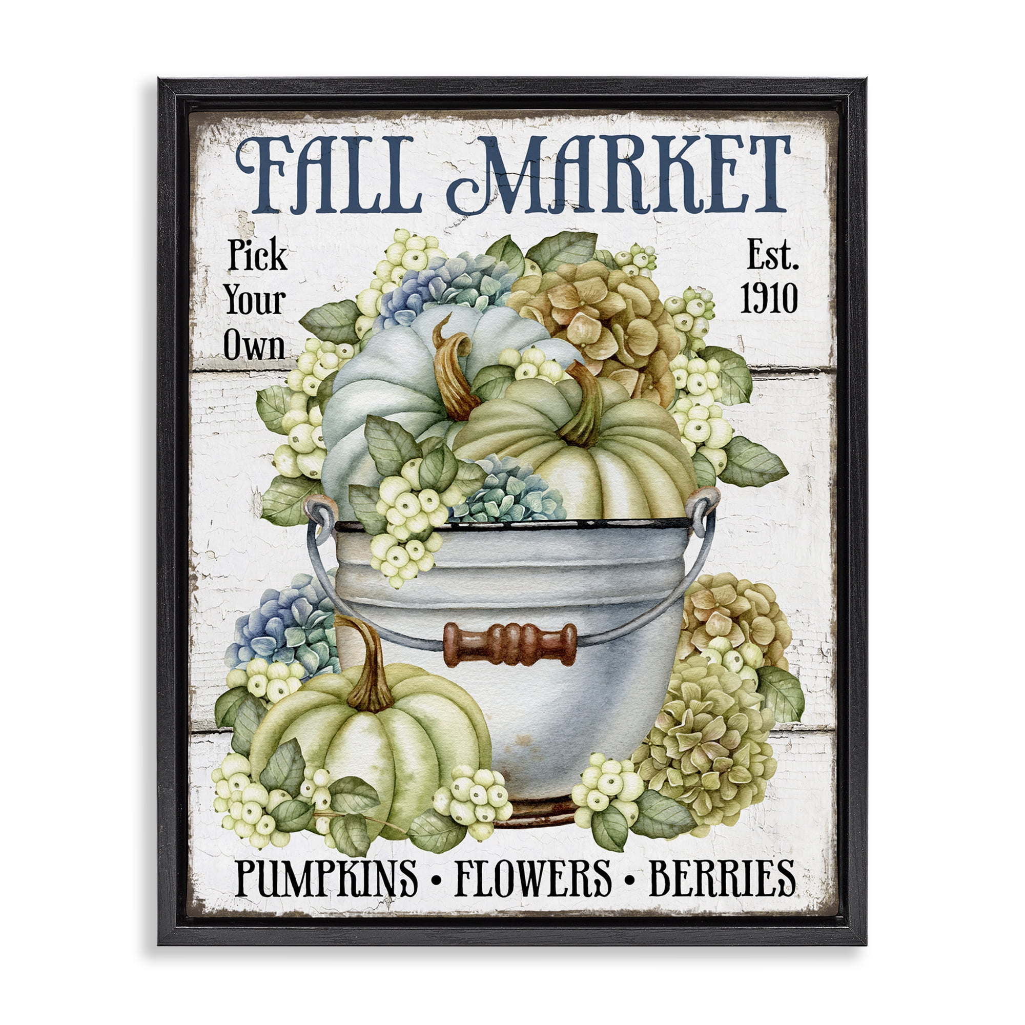 Stupell Industries Vintage Pumpkins & Hydgrangea Holiday Painting Black Floater Framed Canvas Art Prints Wall Art, 17 x 21