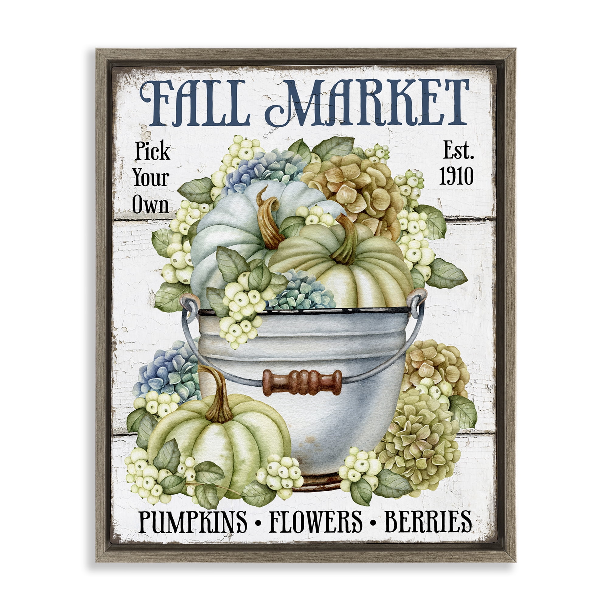 Stupell Industries Vintage Pumpkins & Hydgrangea Holiday Painting Brown Floater Framed Canvas Art Prints Wall Art, 25 x 31