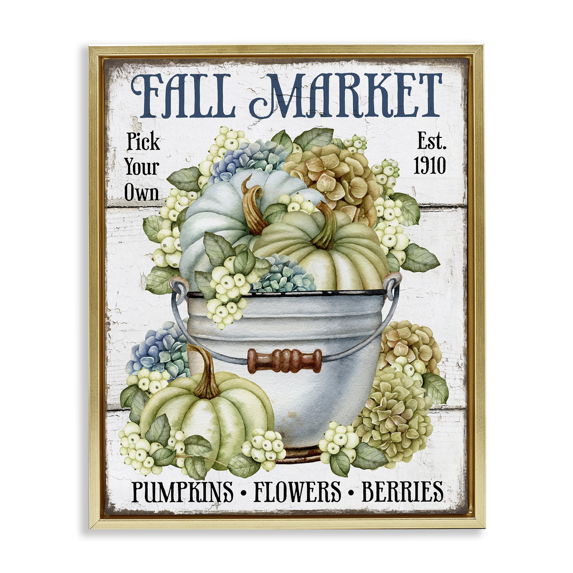 Stupell Industries Vintage Pumpkins & Hydgrangea Holiday Painting Gold Floater Framed Canvas Art Prints Wall Art, 17 x 21