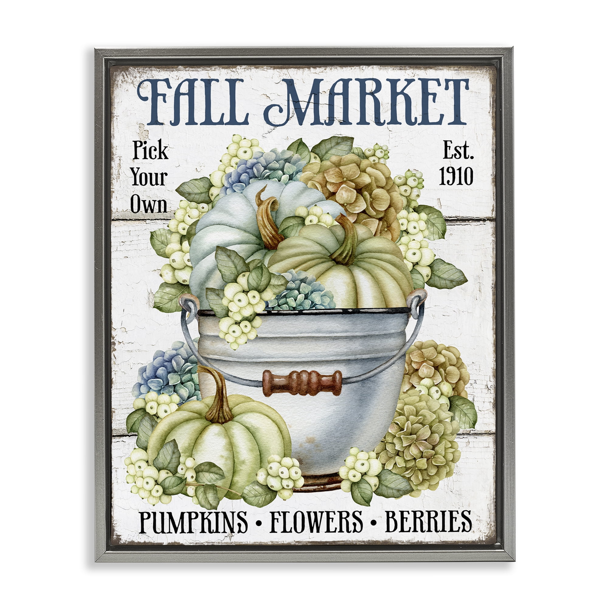 Stupell Industries Vintage Pumpkins & Hydgrangea Holiday Painting Gray Floater Framed Canvas Art Prints Wall Art, 25 x 31