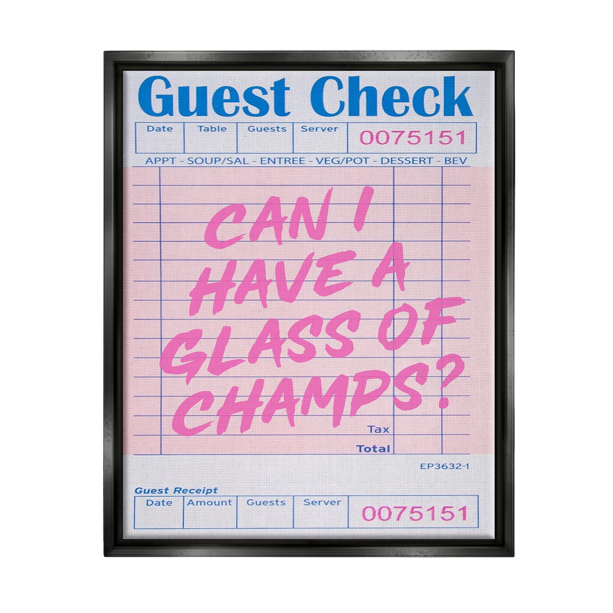Stupell Industries Vintage Receipt Champagne Phrase Inspirational Painting Black Floater Framed Canvas Art Print Wall Art, 17 x 21