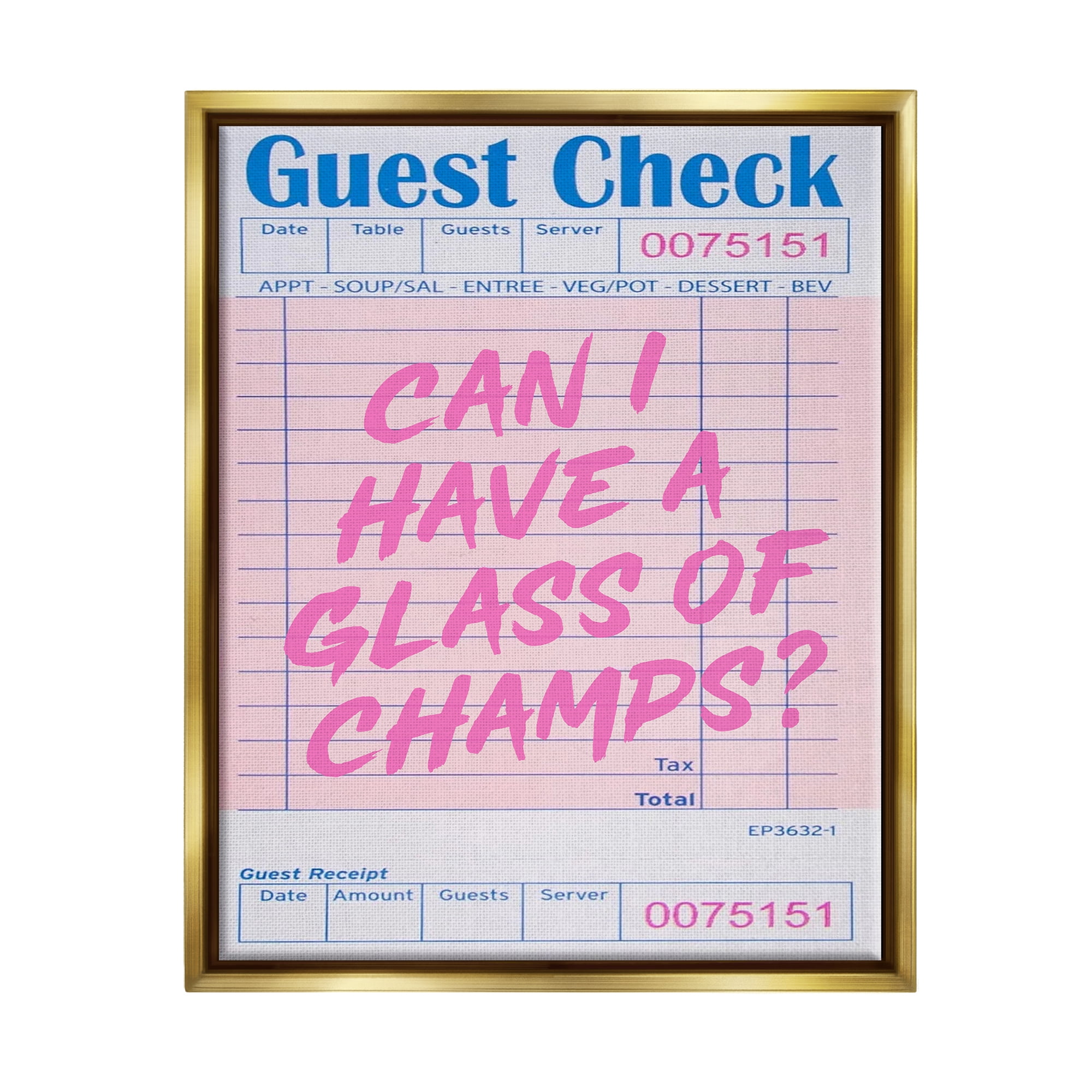 Stupell Industries Vintage Receipt Champagne Phrase Inspirational Painting Gold Floater Framed Canvas Art Print Wall Art, 17 x 21
