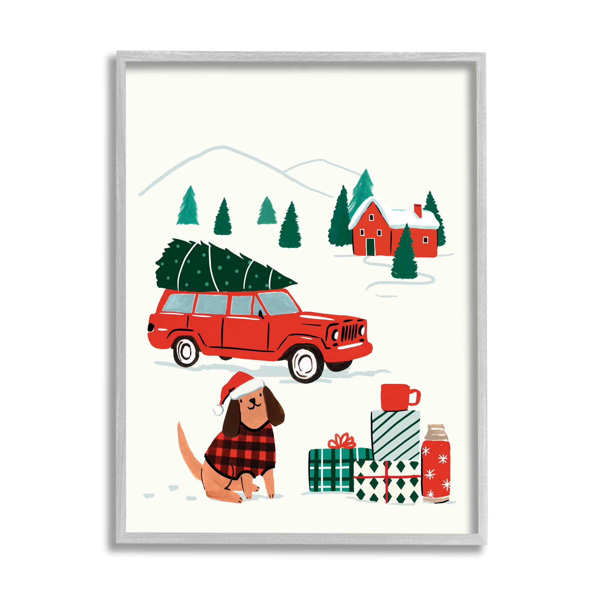 Stupell Industries Vintage Red Car Christmas Festive Santa Dog Holiday Painting Gray Framed Art Print Wall Art, 11 x 14
