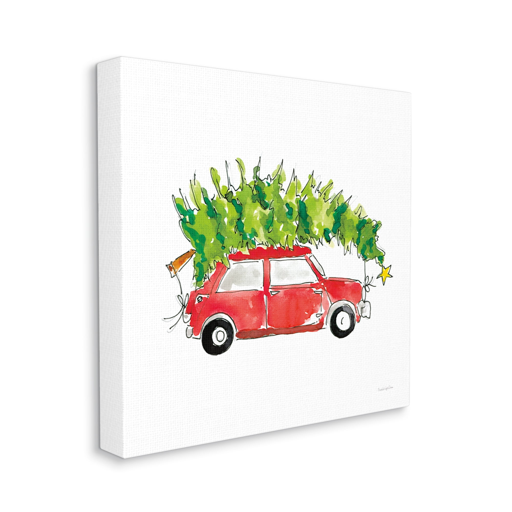 Stupell Industries Vintage Red Car Oversized Christmas Tree Watercolor Transportation Painting Gallery Wrapped Canvas Print Wall Art, 36 x 36