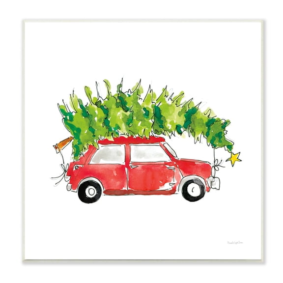 Stupell Industries Vintage Red Car Oversized Christmas Tree Watercolor Transportation Painting Unframed Art Print Wall Art, 12 x 12