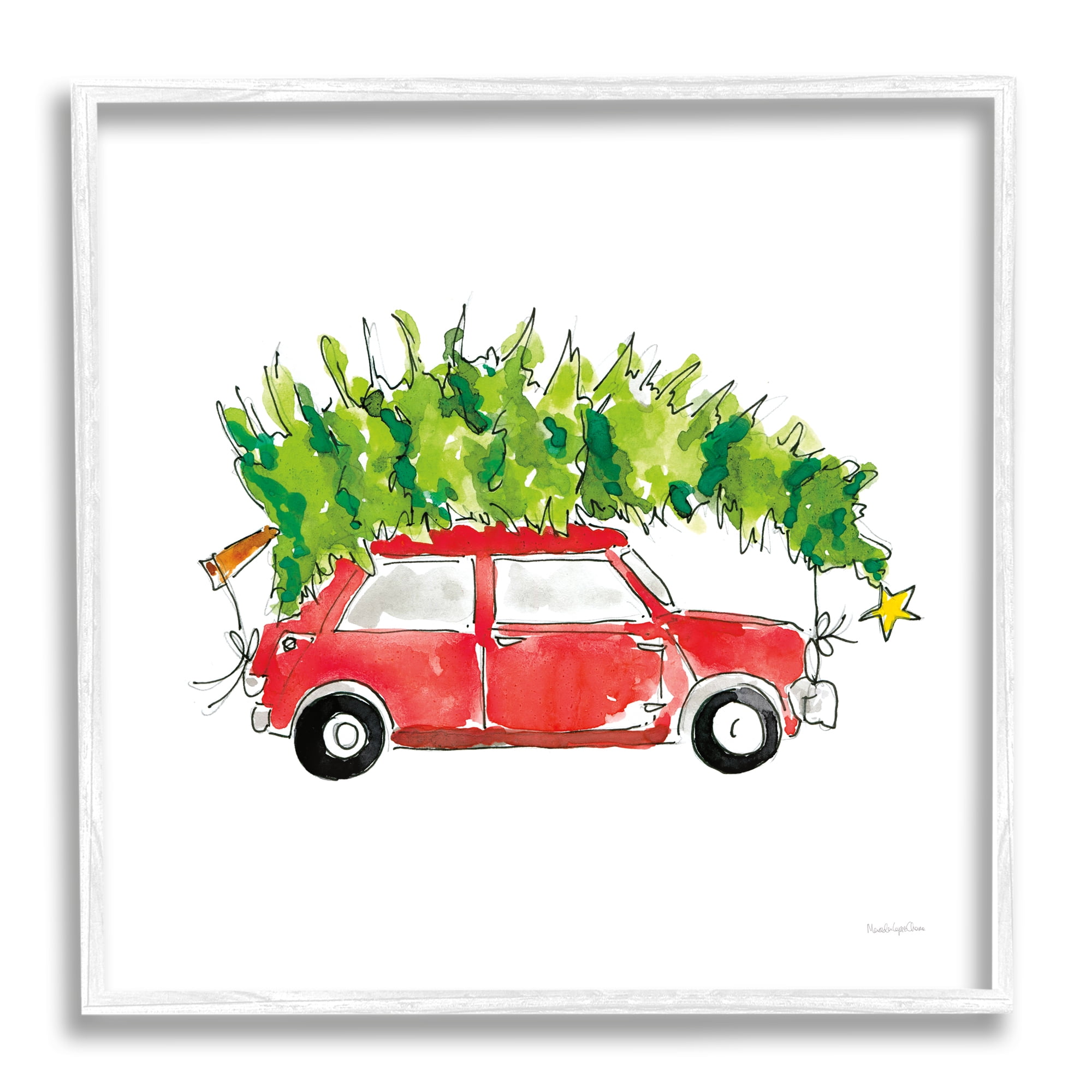 Stupell Industries Vintage Red Car Oversized Christmas Tree Watercolor Transportation Painting White Framed Art Print Wall Art, 12 x 12