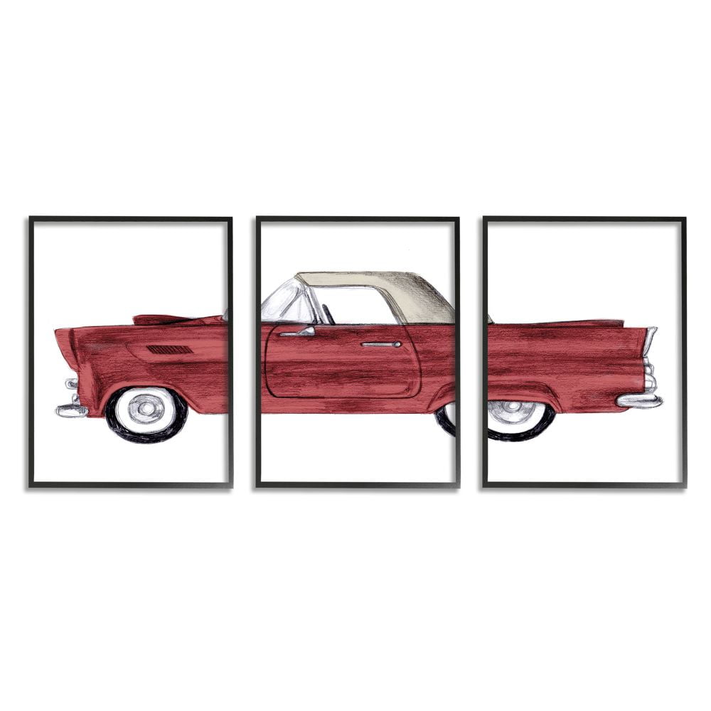 Vintage Red Convertible Car Canvas Triptych Wall Art