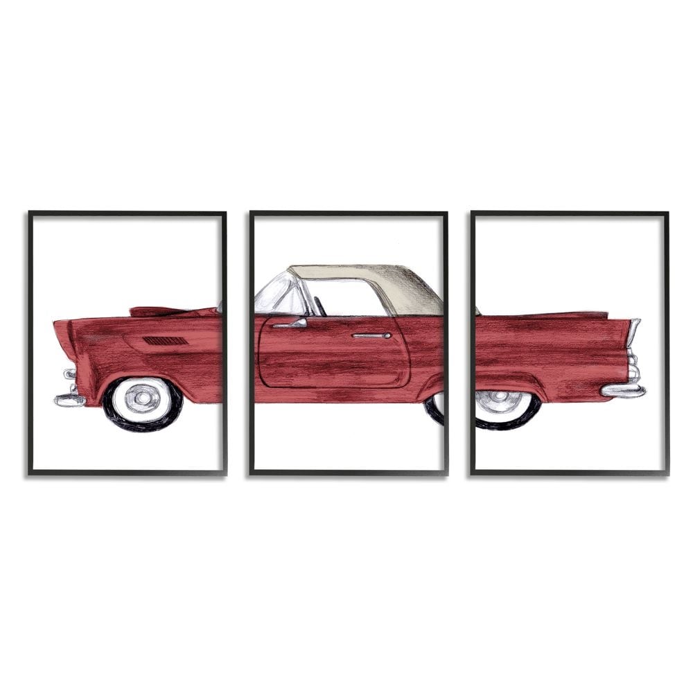 Stupell Industries Vintage Red Convertible Drawing Classic Automobile Car Framed Wall Art Design by Daphne Polselli, 3 Piece, 16" x 20", Black Framed