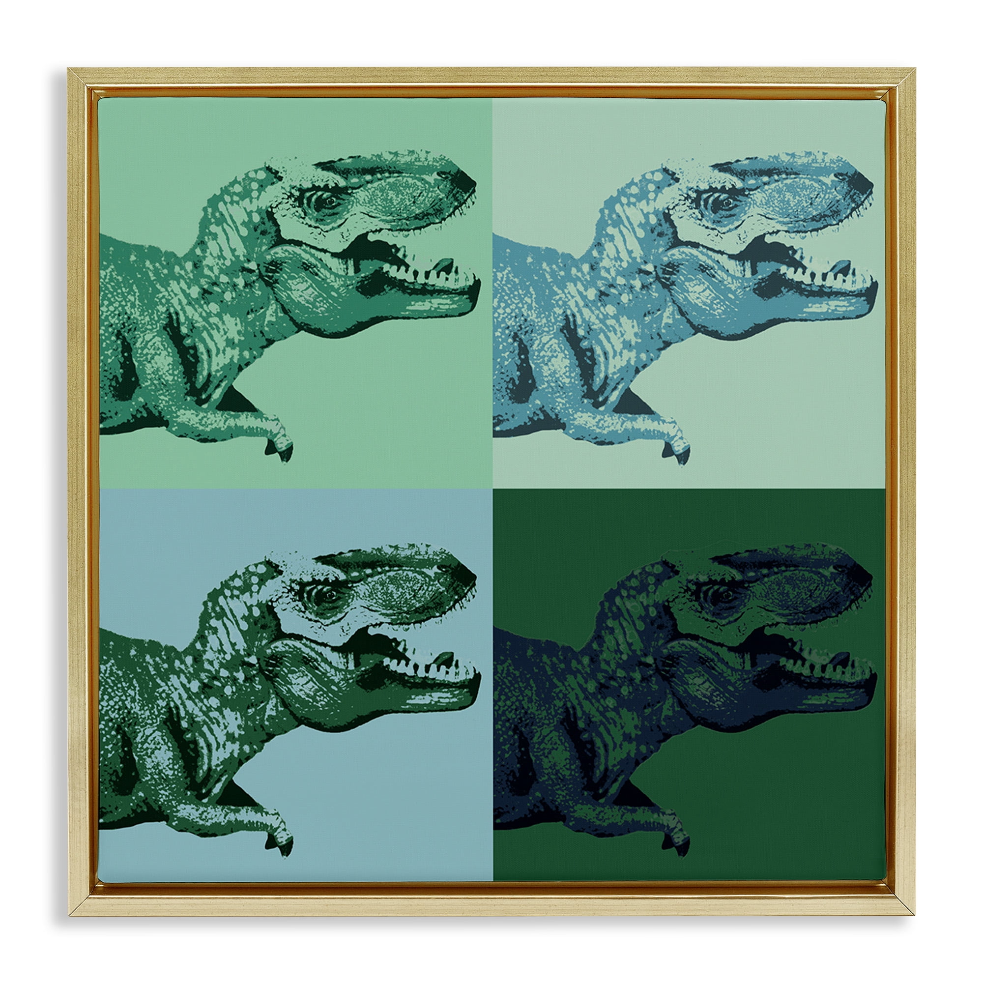 Stupell Industries Vintage Roaring T-Rex Dinosaur Animals & Insects Painting Gold Floater Framed Canvas Art Print Wall Art, 18 x 18