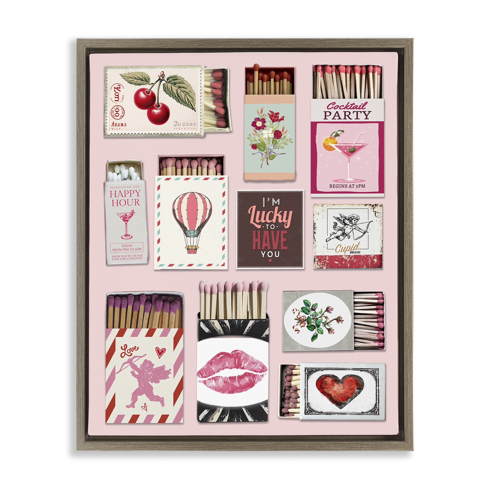 Stupell Industries Vintage Romantic Matchbox Collection Brown Framed Floater Canvas Wall Art, design by CAD Designs