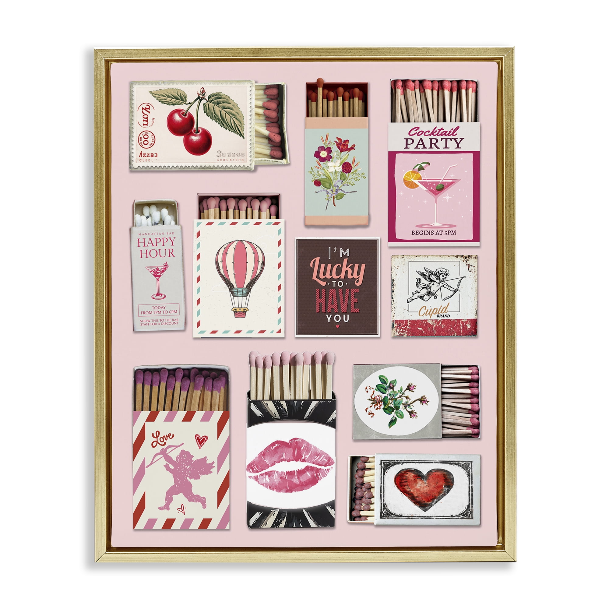 Stupell Industries Vintage Romantic Matchbox Collection Gold Framed Floater Canvas Wall Art, design by CAD Designs