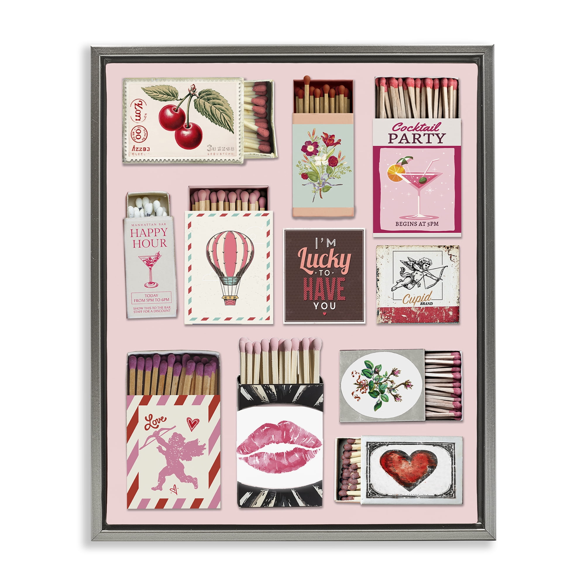 Stupell Industries Vintage Romantic Matchbox Collection Gray Framed Floater Canvas Wall Art, design by CAD Designs