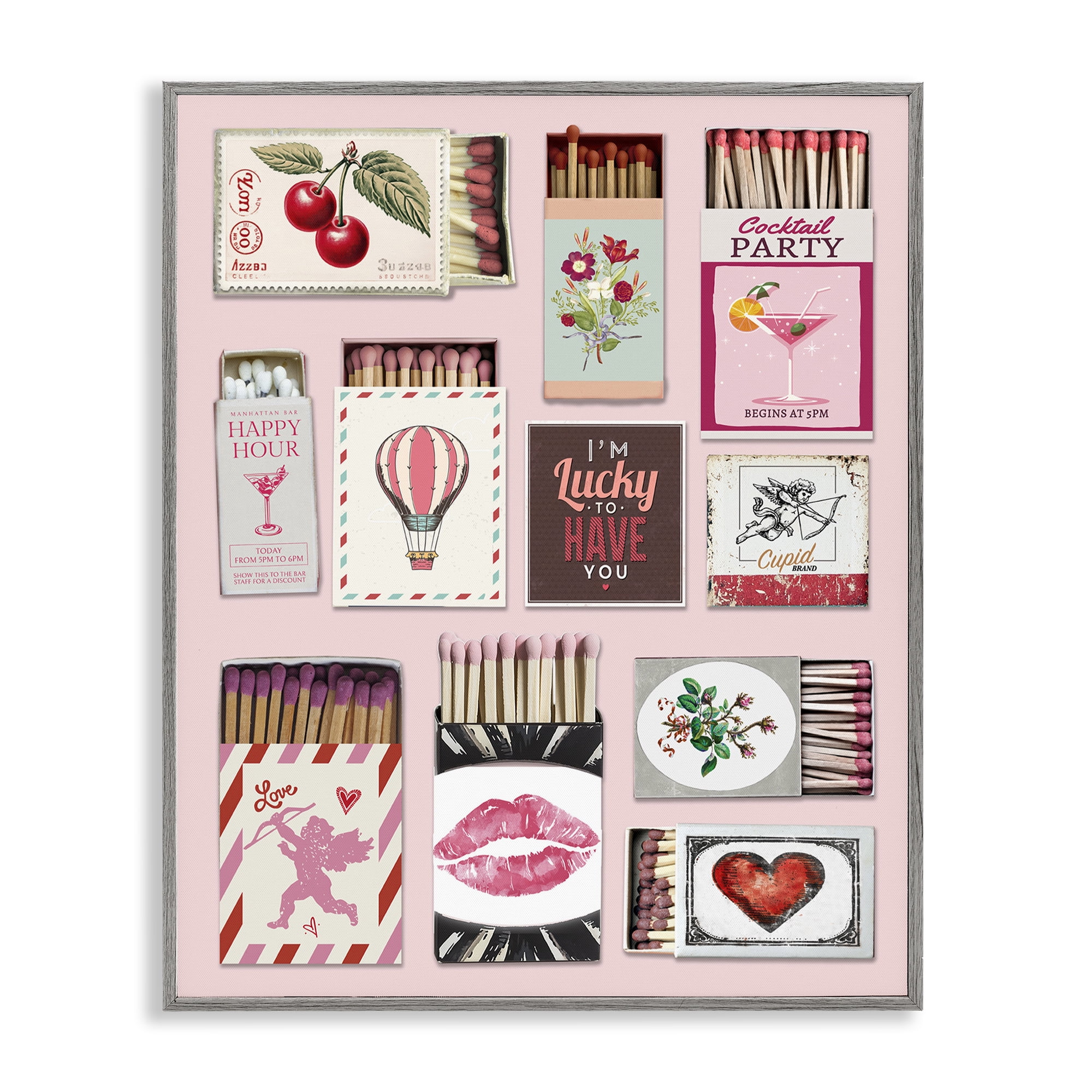 Stupell Industries Vintage Romantic Matchbox Collection Gray Framed Giclee Art, design by CAD Designs