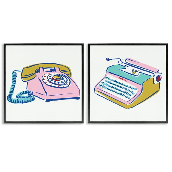 Stupell Industries Vintage Rotary Phone Typewriter Drawing Entertainment Painting Black Framed Art Print Wall Art, 12 x 12, Set of 2