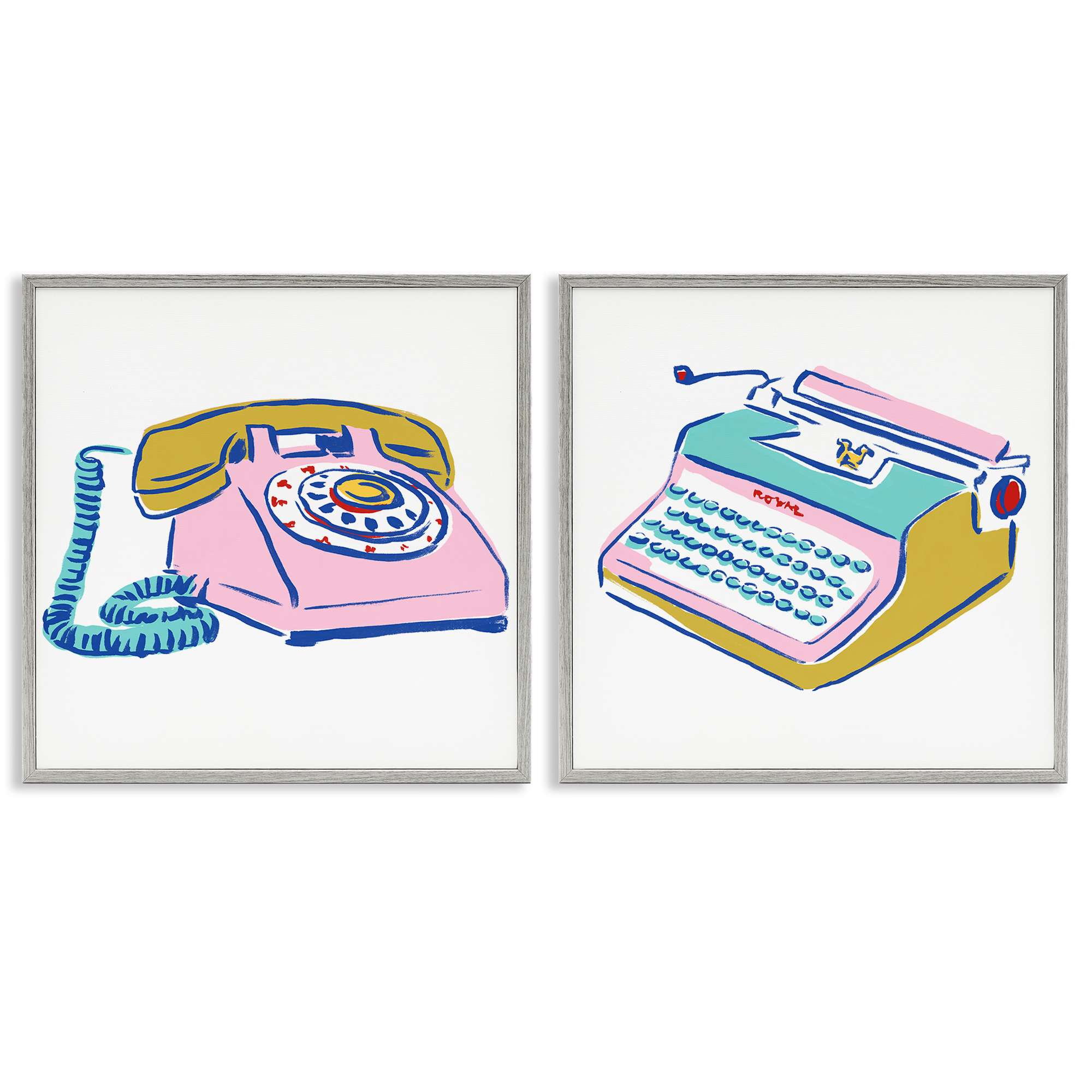 Stupell Industries Vintage Rotary Phone Typewriter Drawing Entertainment Painting Gray Framed Art Print Wall Art, 17 x 17, Set of 2