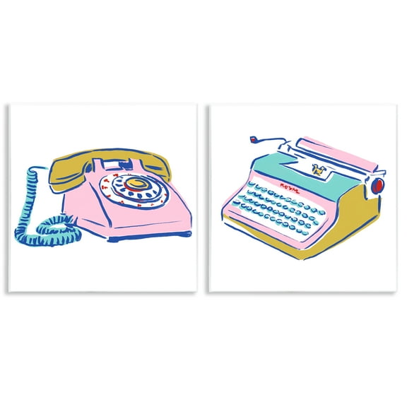 Stupell Industries Vintage Rotary Phone Typewriter Drawing Entertainment Painting Unframed Art Print Wall Art, 12 x 12, Set of 2