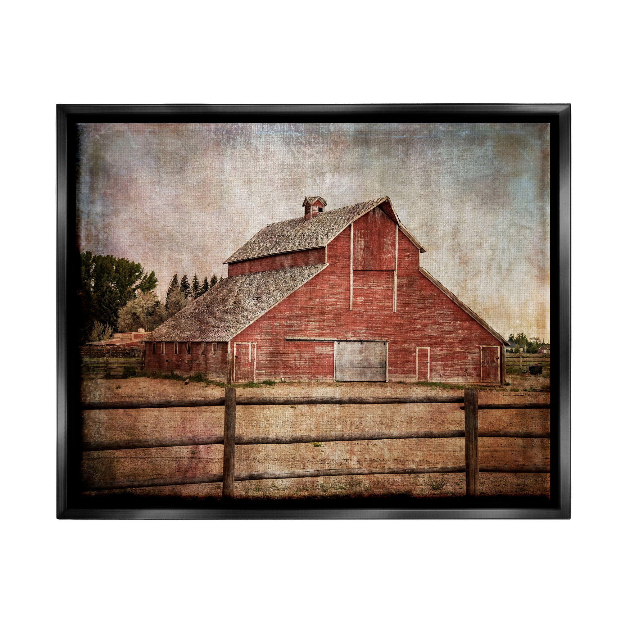 Stupell Industries Vintage Rustic Barn Landscape Painting Black Floater Framed Canvas Art Print Wall Art, 31 x 25