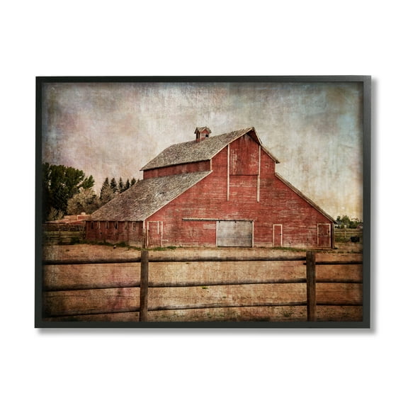 Stupell Industries Vintage Rustic Barn Landscape Painting Black Framed Art Print Wall Art, 14 x 11