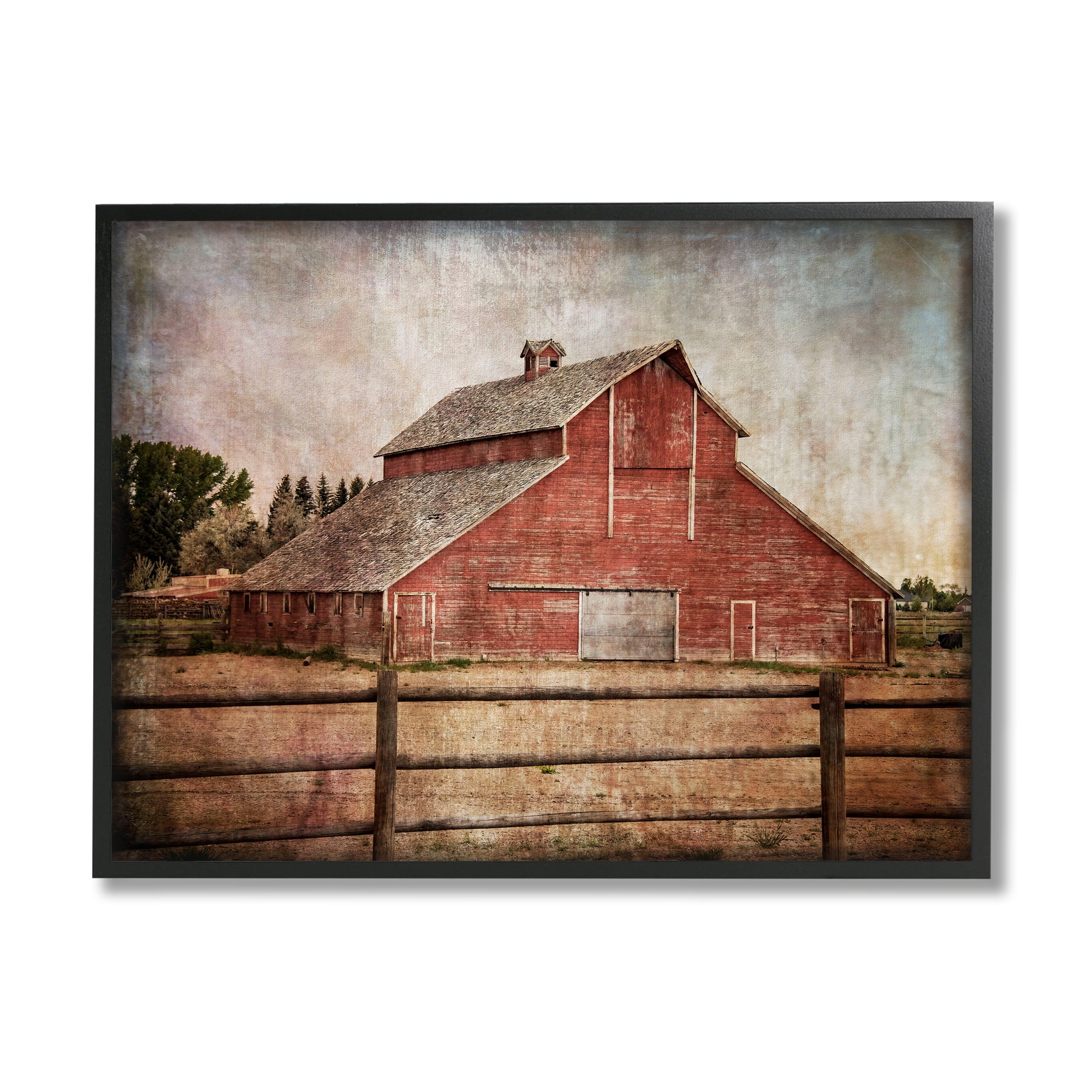 Stupell Industries Vintage Rustic Barn Landscape Painting Black Framed Art Print Wall Art, 20 x 16