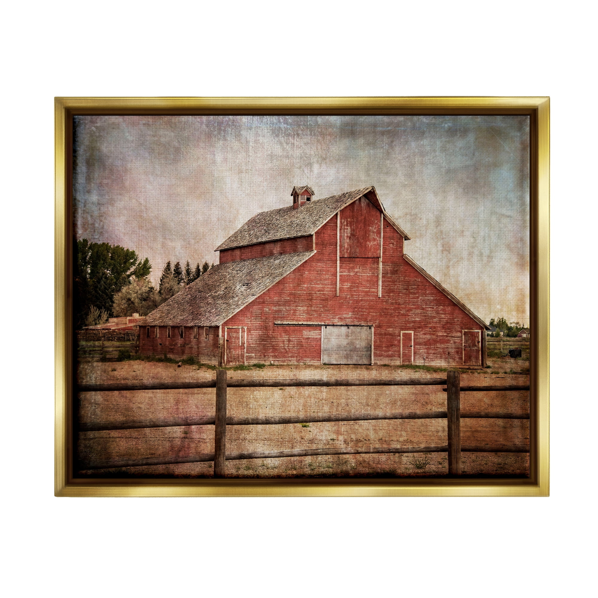 Stupell Industries Vintage Rustic Barn Landscape Painting Gold Floater Framed Canvas Art Print Wall Art, 21 x 17