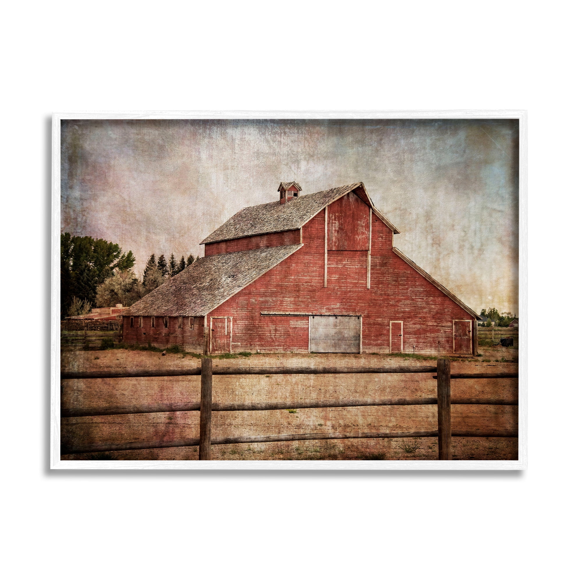 Stupell Industries Vintage Rustic Barn Landscape Painting White Framed Art Print Wall Art, 20 x 16